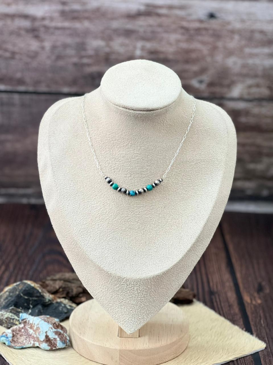 Handmade Sterling Silver Kingman Turquoise Beaded Necklace "Signed Nizhoni"