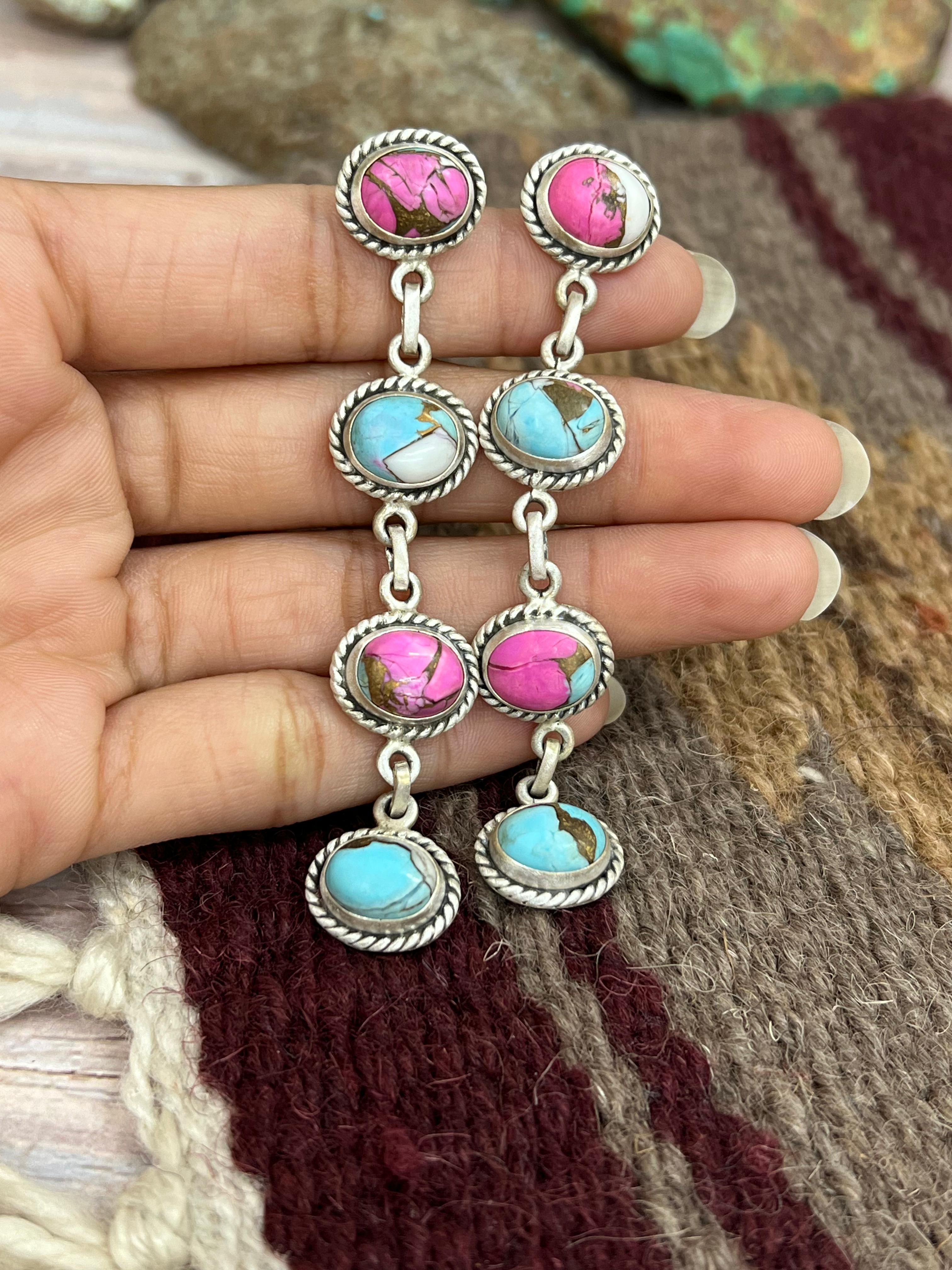 Handmade Sterling Silver Cotton Candy Turquoise Post Dangle Earrings with Signed Nizhoni