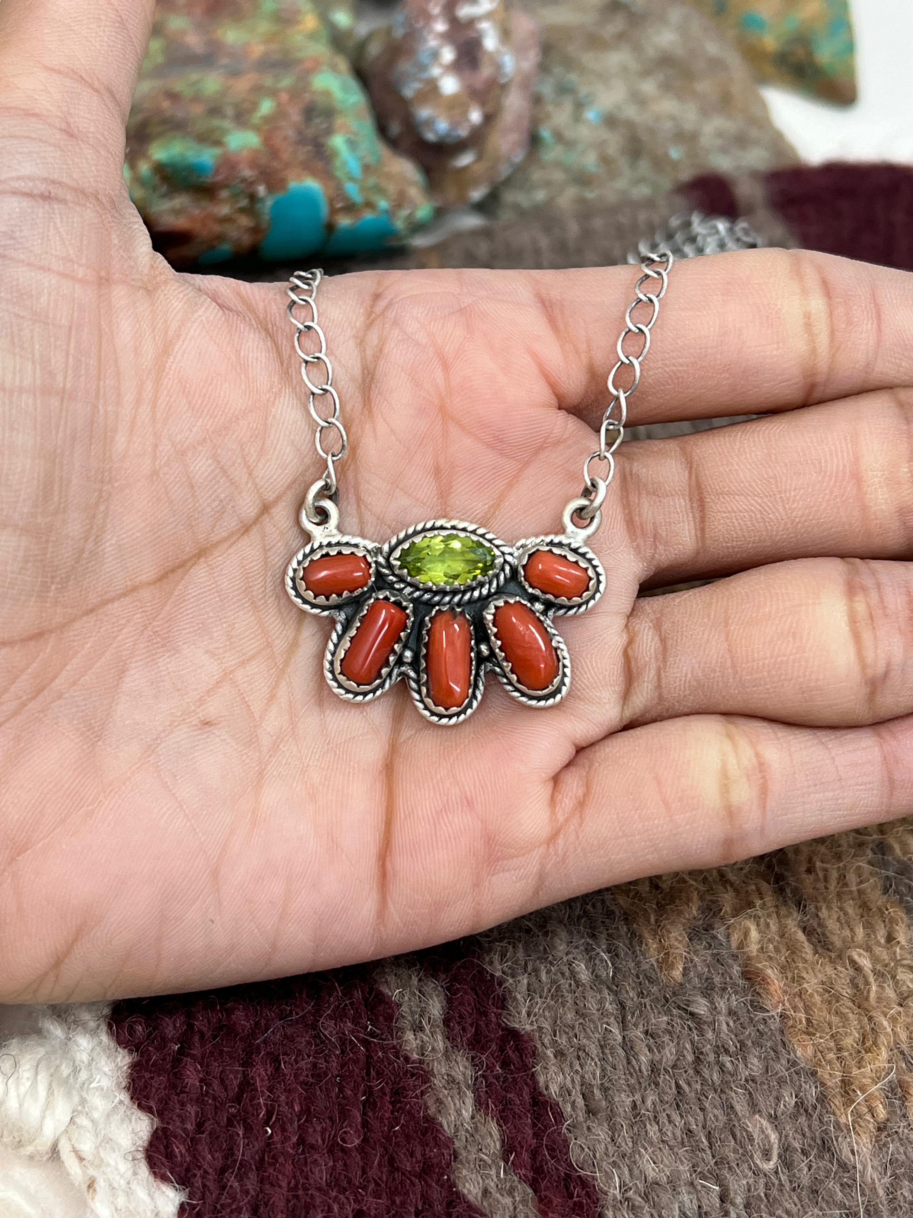 Christmas Collection Handmade Sterling Silver Coral with Peridot Necklace with Signed Nizhoni