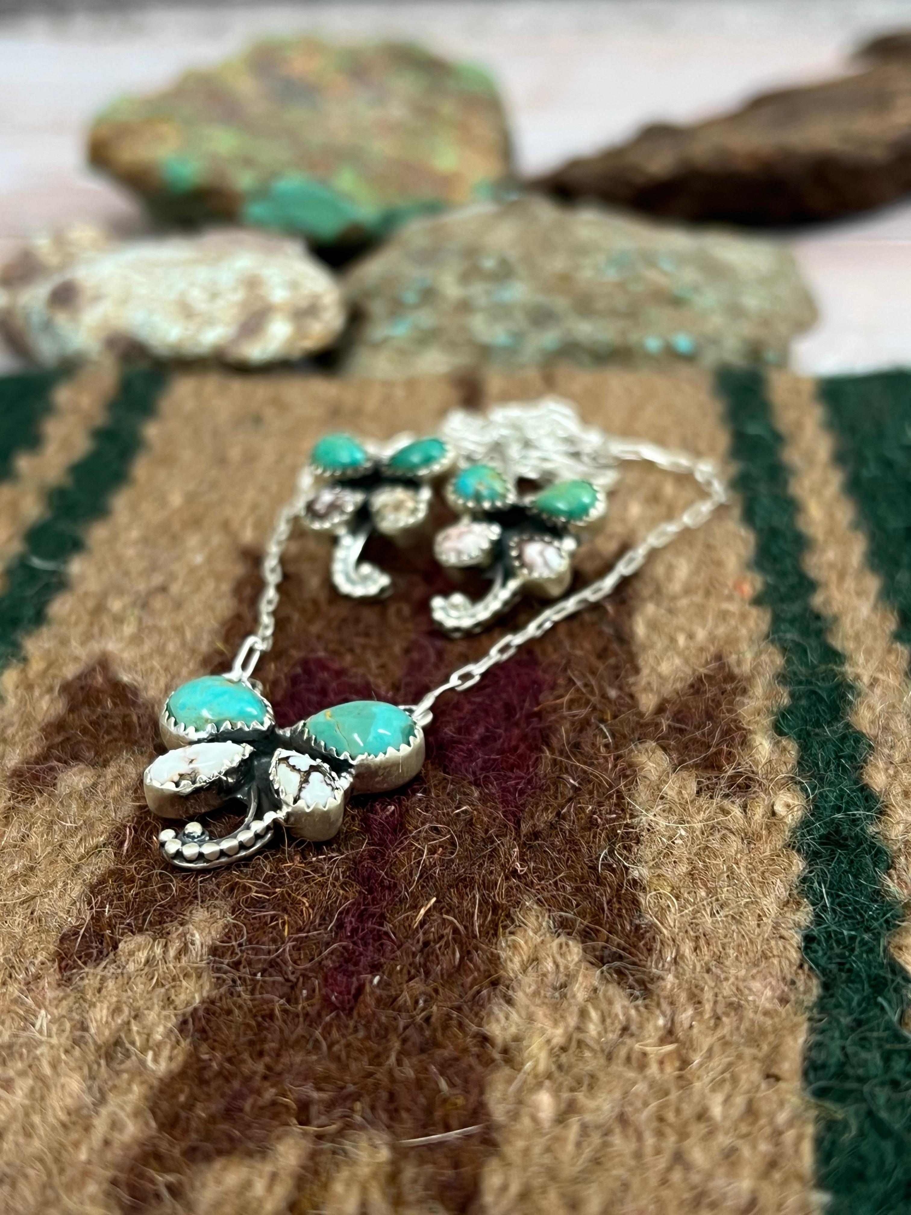 Handmade Sterling Silver Kingman Turquoise, Wild Horse Necklace Earrings Set with Signed Nizhoni
