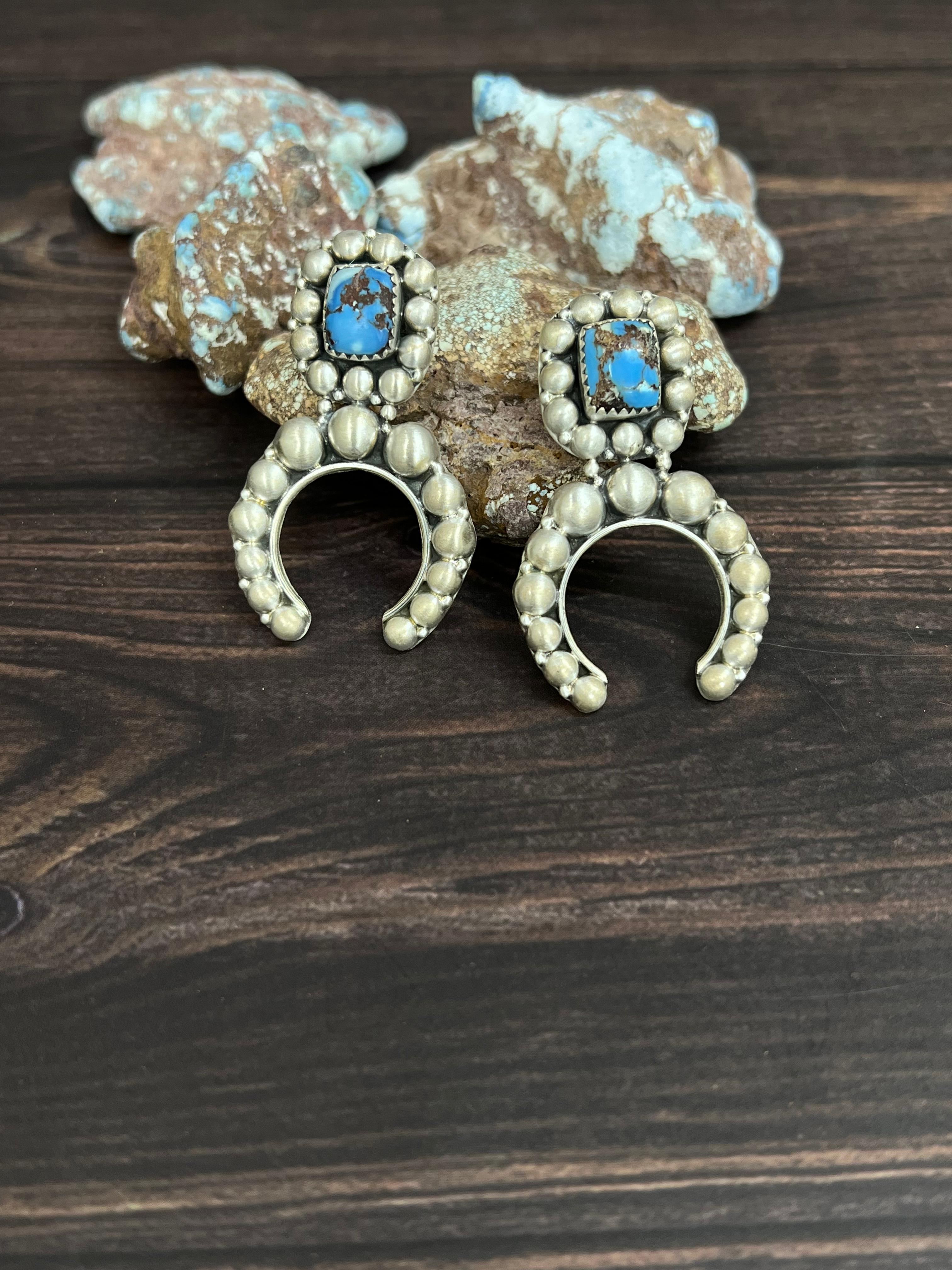 Handmade Sterling Silver Golden Hills Turquoise Post Dangle Earrings with Signed Nizhoni