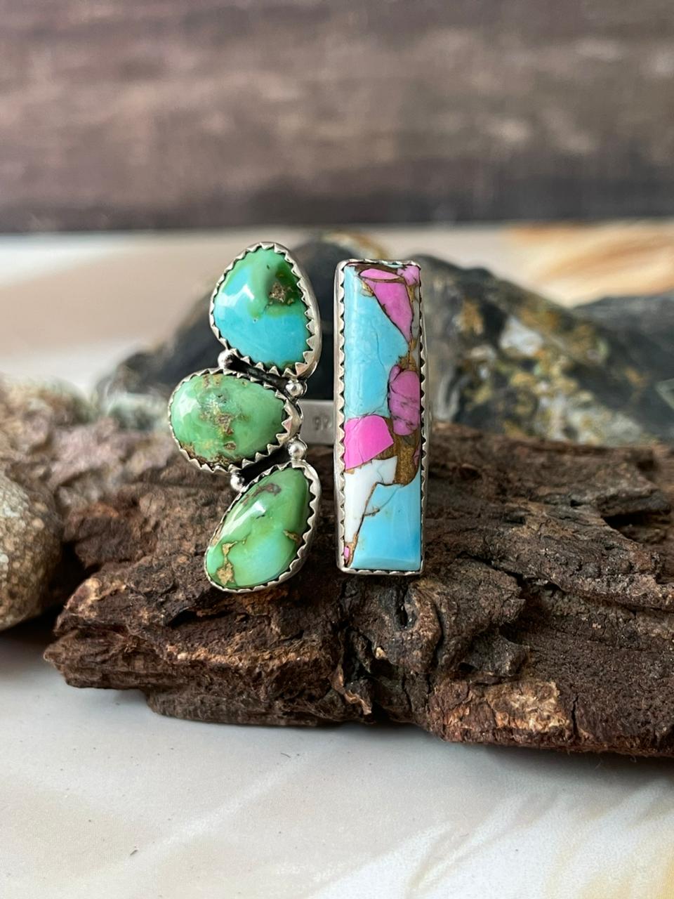 Handmade Sterling Silver Spring Collection: Cotton Candy with Sonoran Mountain Turquoise Adjustable Ring "Signed Nizhoni"