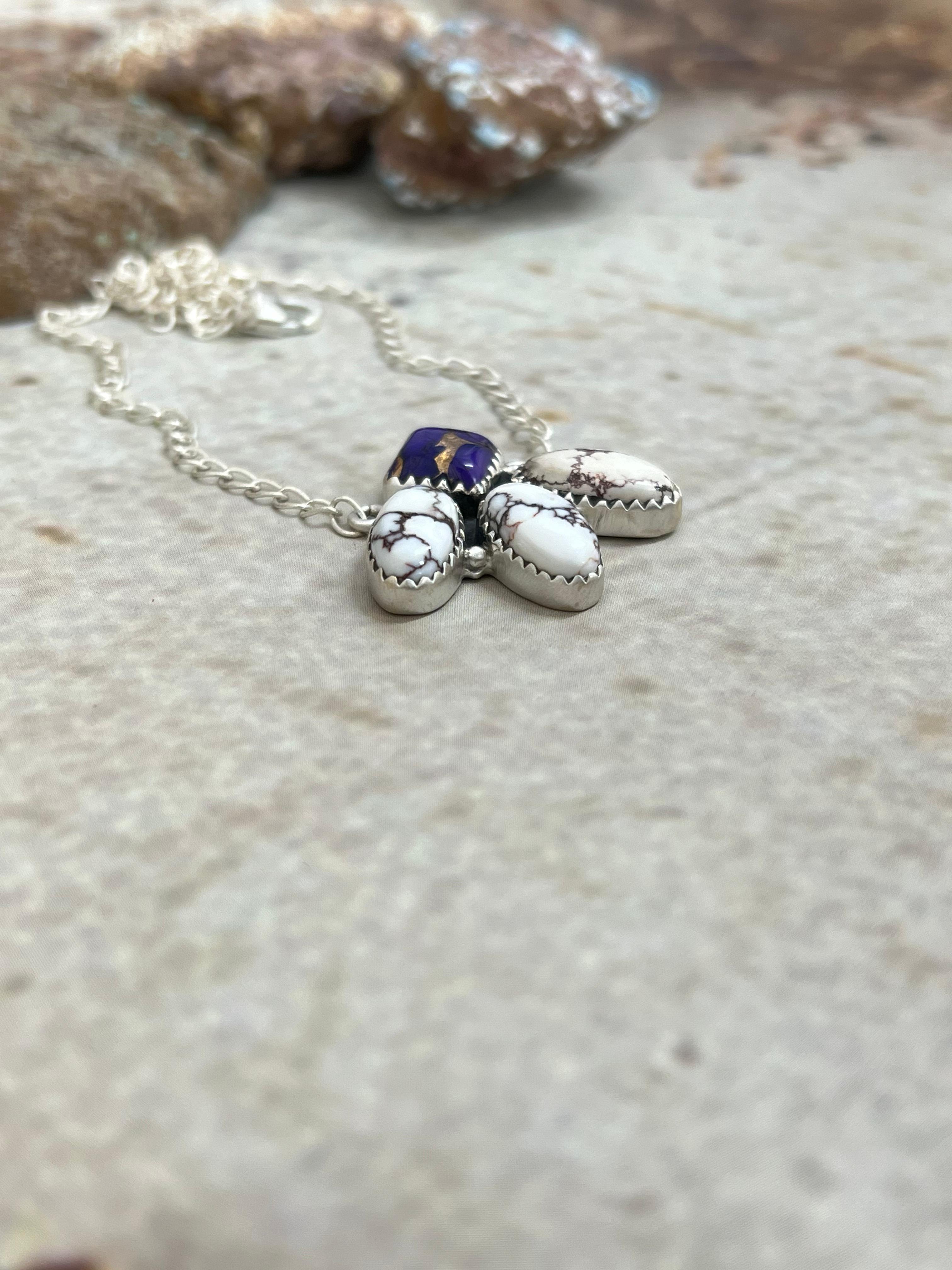 Handmade Sterling Silver Grape Dahlia with Wild Horse Necklace with Signed Nizhoni