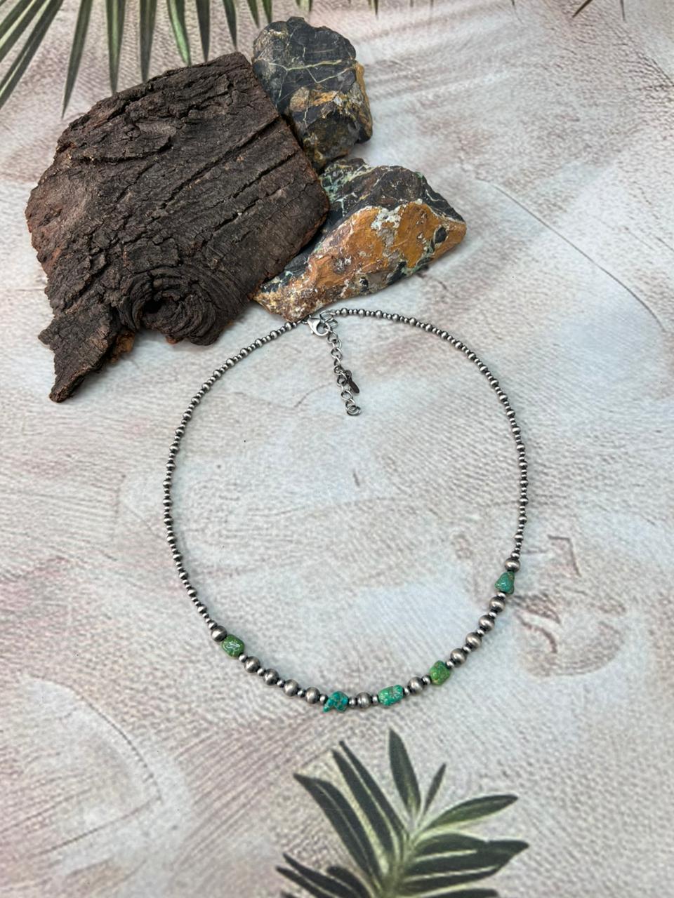 Handmade Sterling Silver Beaded Emerald Valley Turquoise Necklace "Signed Nizhoni"