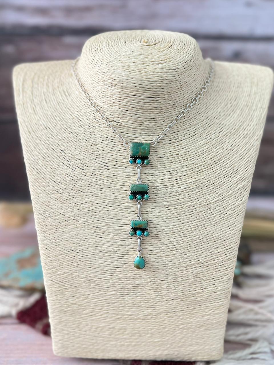 Handmade Sterling Silver Kingman Turquoise Drop Necklace "Signed Nizhoni"