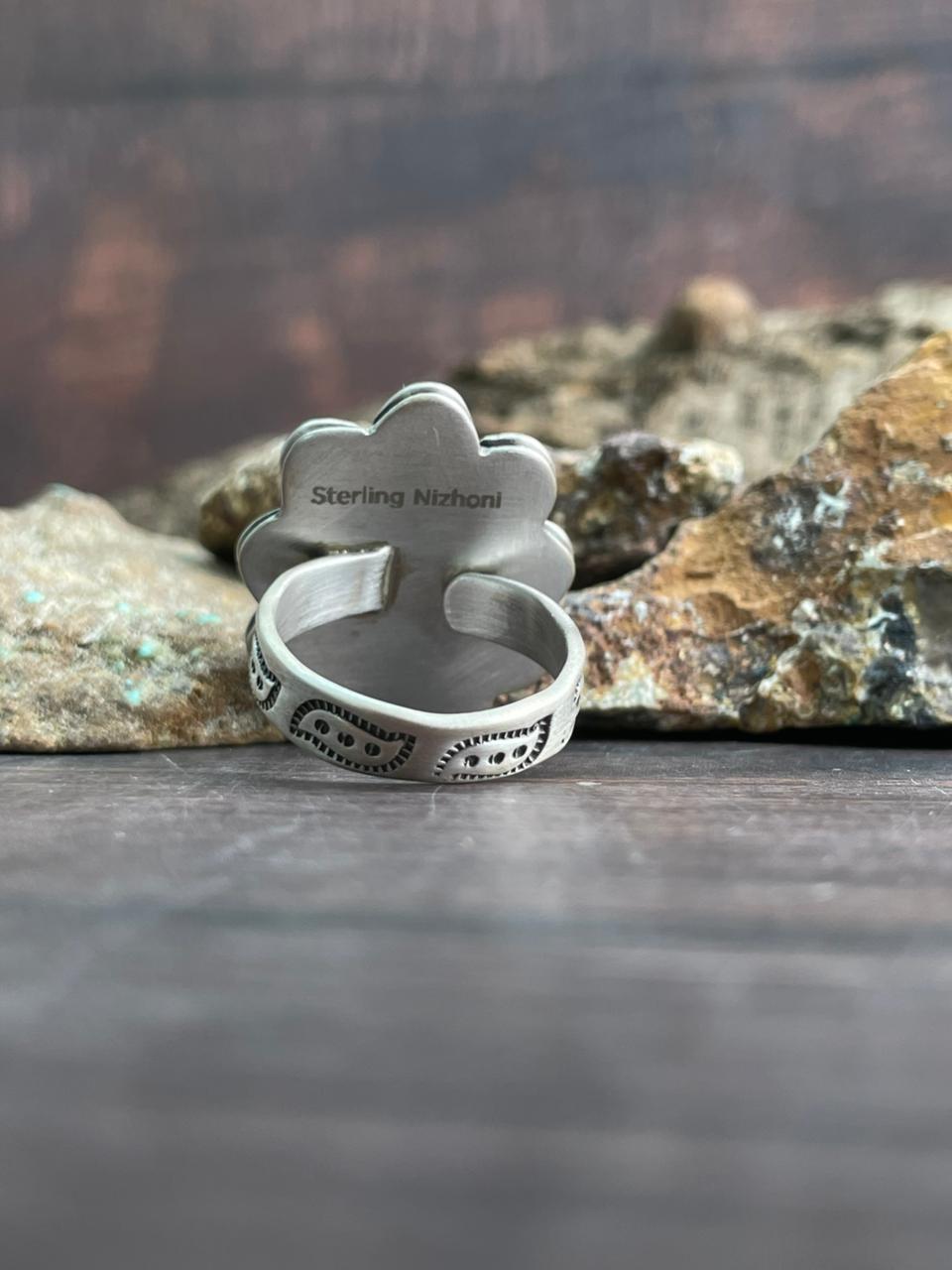 Handmade Sterling Silver Emerald Valley Turquoise Adjustable Ring "Signed Nizhoni"