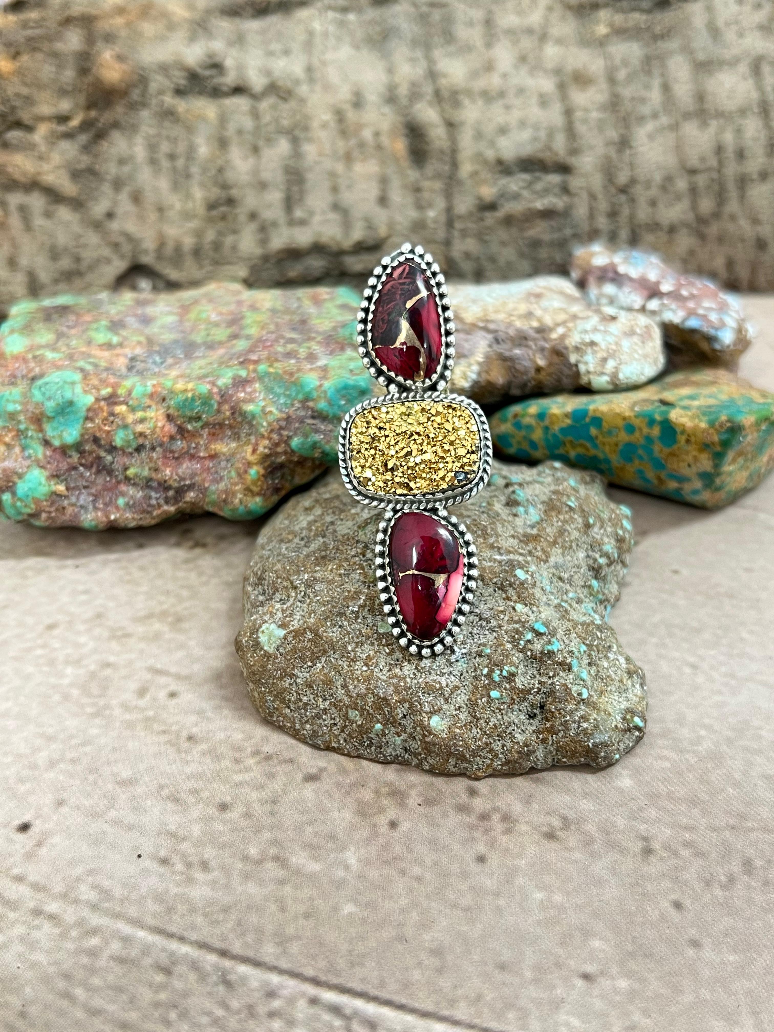 Handmade Sterling Silver Dahlia Rose with Druzy Adjustable Ring with Signed Nizhoni