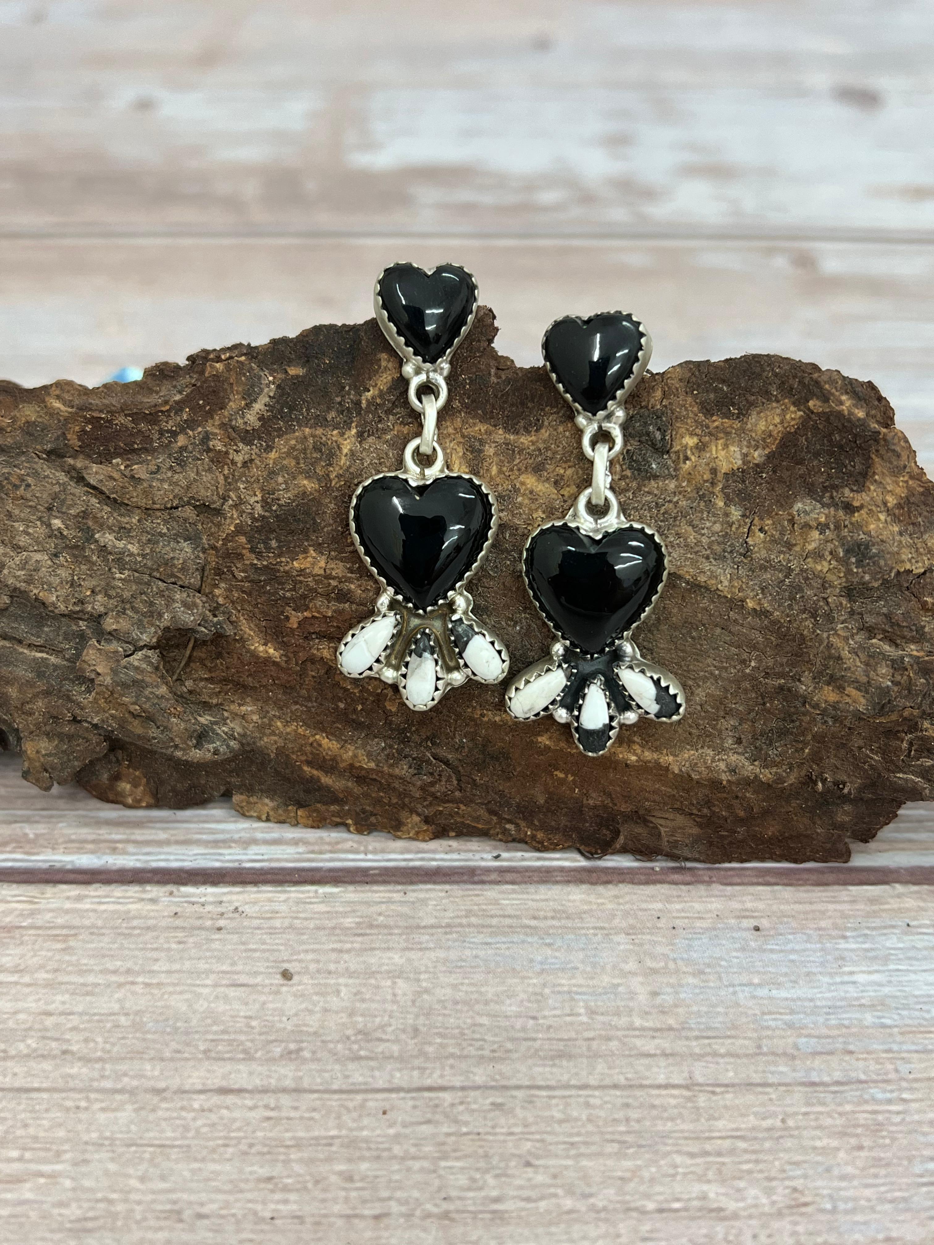 Handmade Sterling Silver o￼Black Onyx with White Buffalo Turquoise Dangle Earrings, Signed Nizhoni