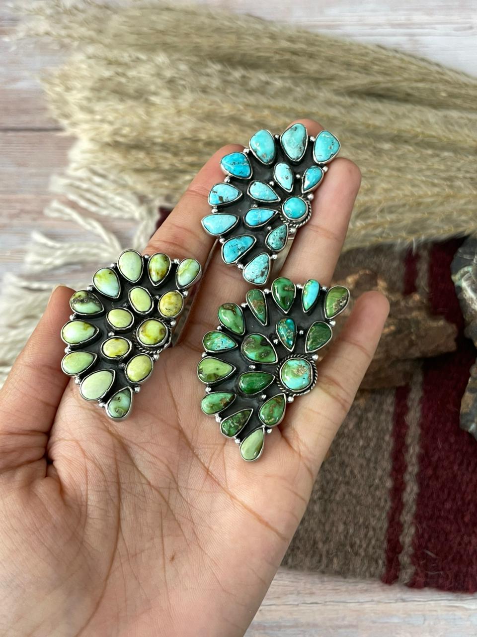 Handmade Sterling Silver White Water, Sonoran and Palomino Turquoise Adjustable Ring "Signed Nizhoni"