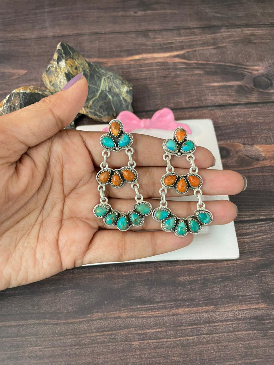 Handmade Sterling Silver Kingman Turquosie with Orange Mojave Post Dangle Earrings "Signed Nizhoni"