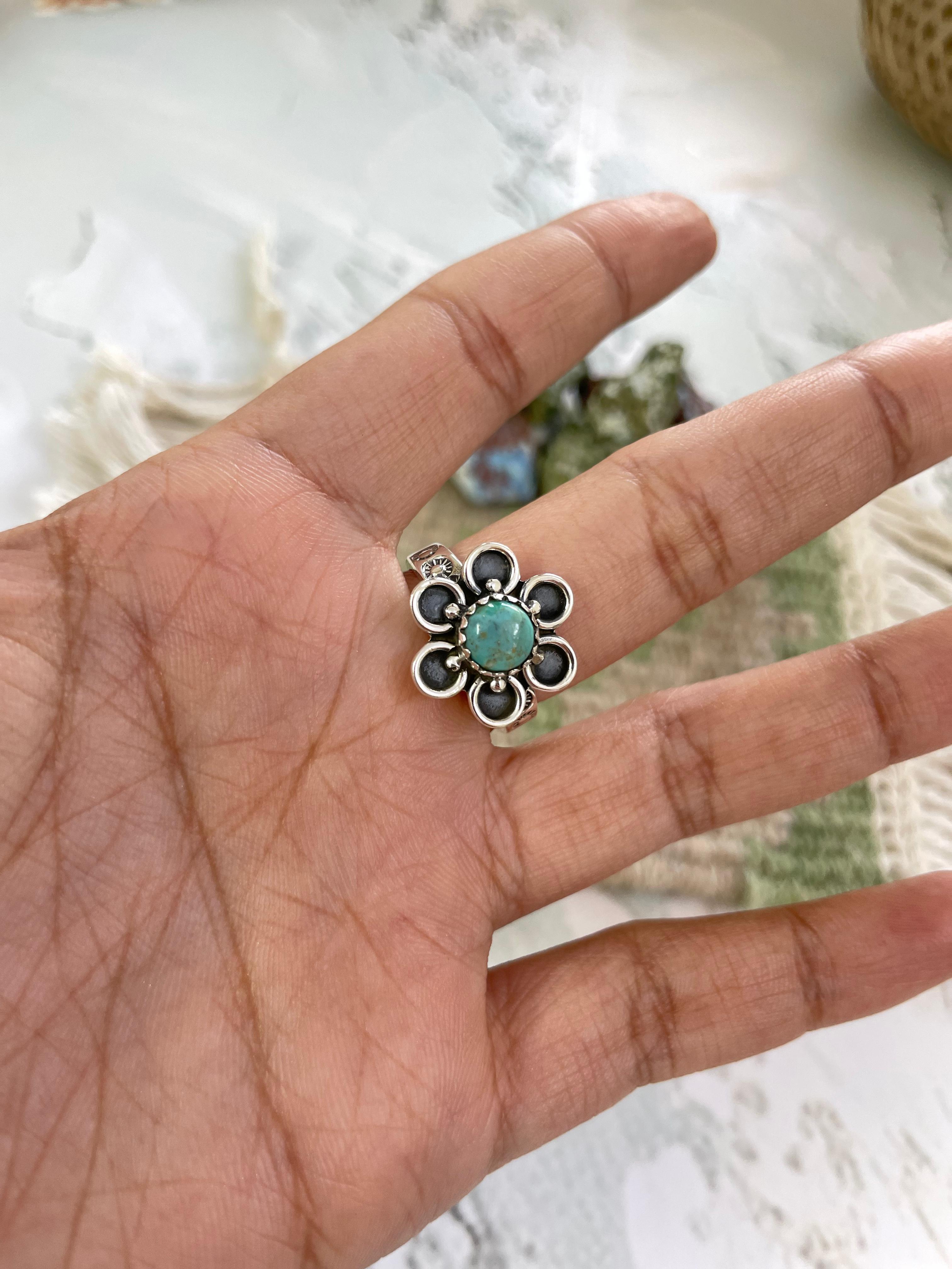 Handmade Sterling Silver Kingman Turquoise Adjustable Ring with Signed Nizhoni