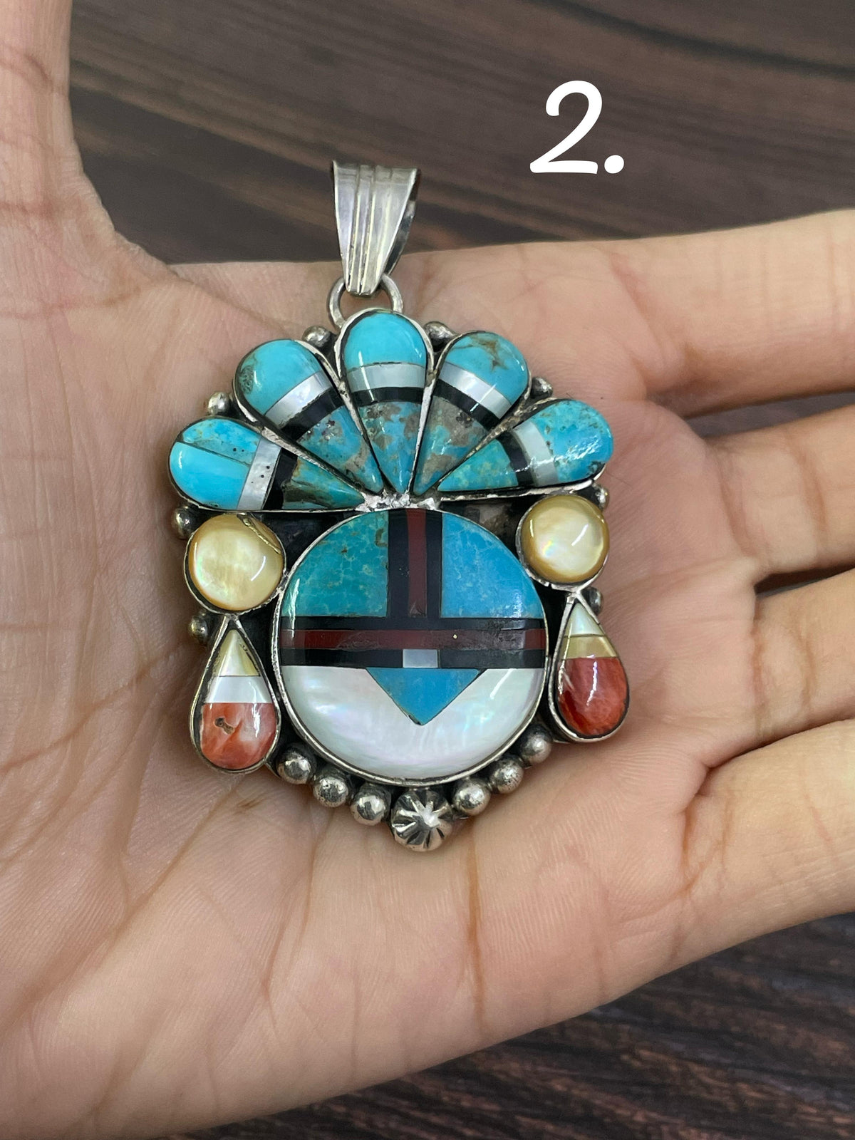 Handmade Sterling Silver Kachina Turquoise Pendant with Signed Nizhoni