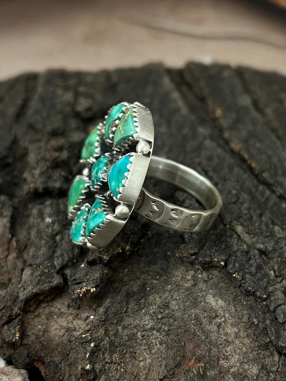 Handmade Sterling Silver Emerald Valley Turquoise Adjustable Ring "Signed Nizhoni"