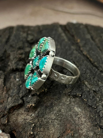 Handmade Sterling Silver Emerald Valley Turquoise Adjustable Ring "Signed Nizhoni"