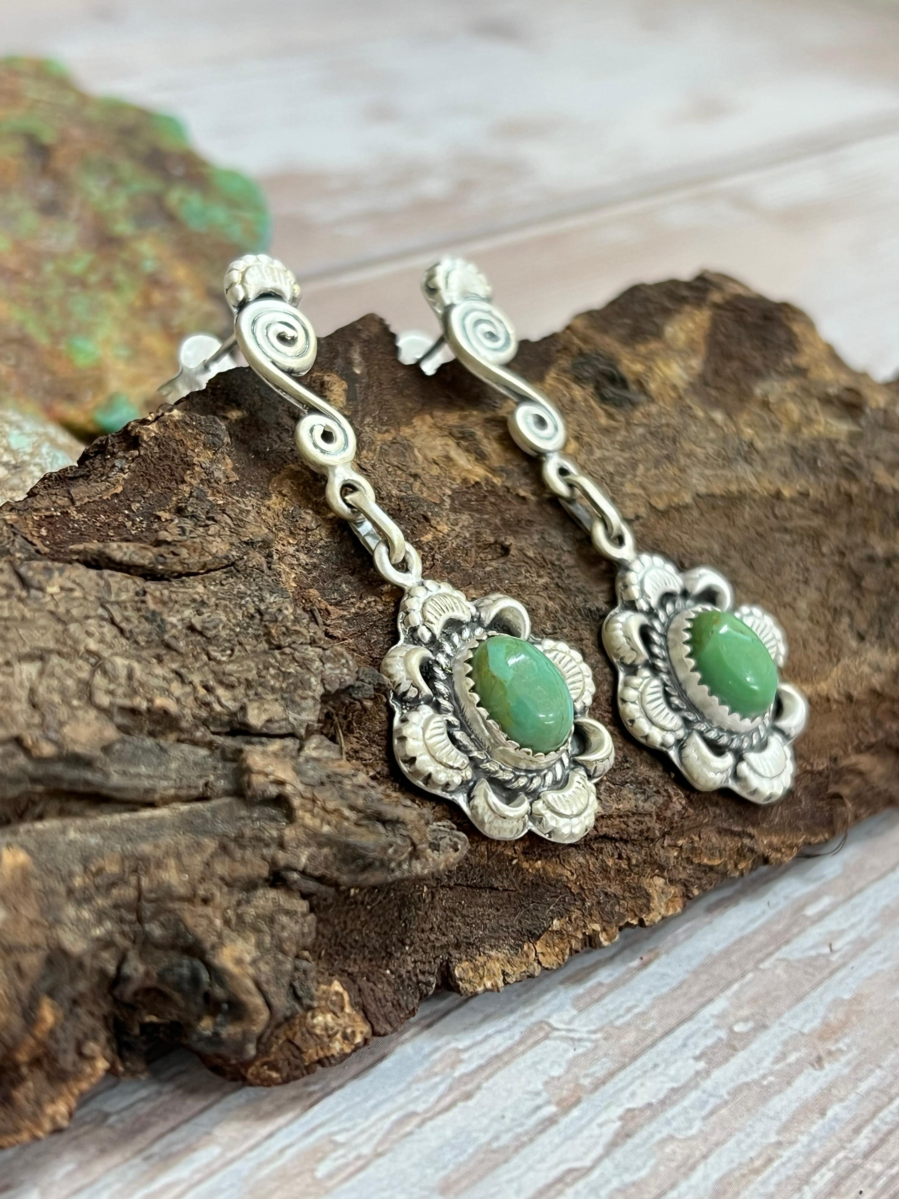 Handmade Sterling Silver Kingman Turquoise Post Dangle Earrings with Signed Nizhoni