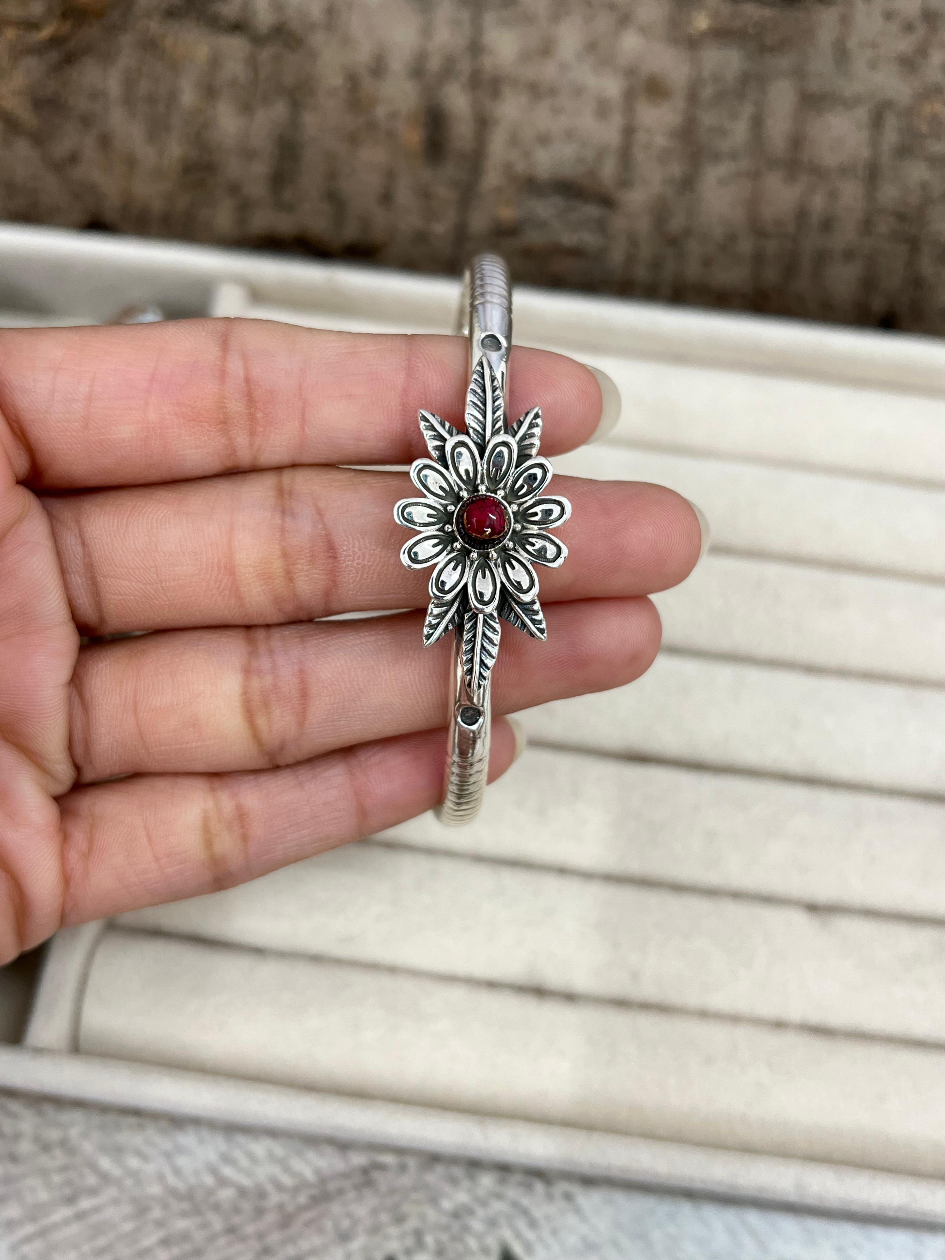 Handmade Sterling Silver Peacock Dahlia, Cotton Candy Turquoise, Dahlia Rose Cuff Bracelet with Signed Nizhoni (4)