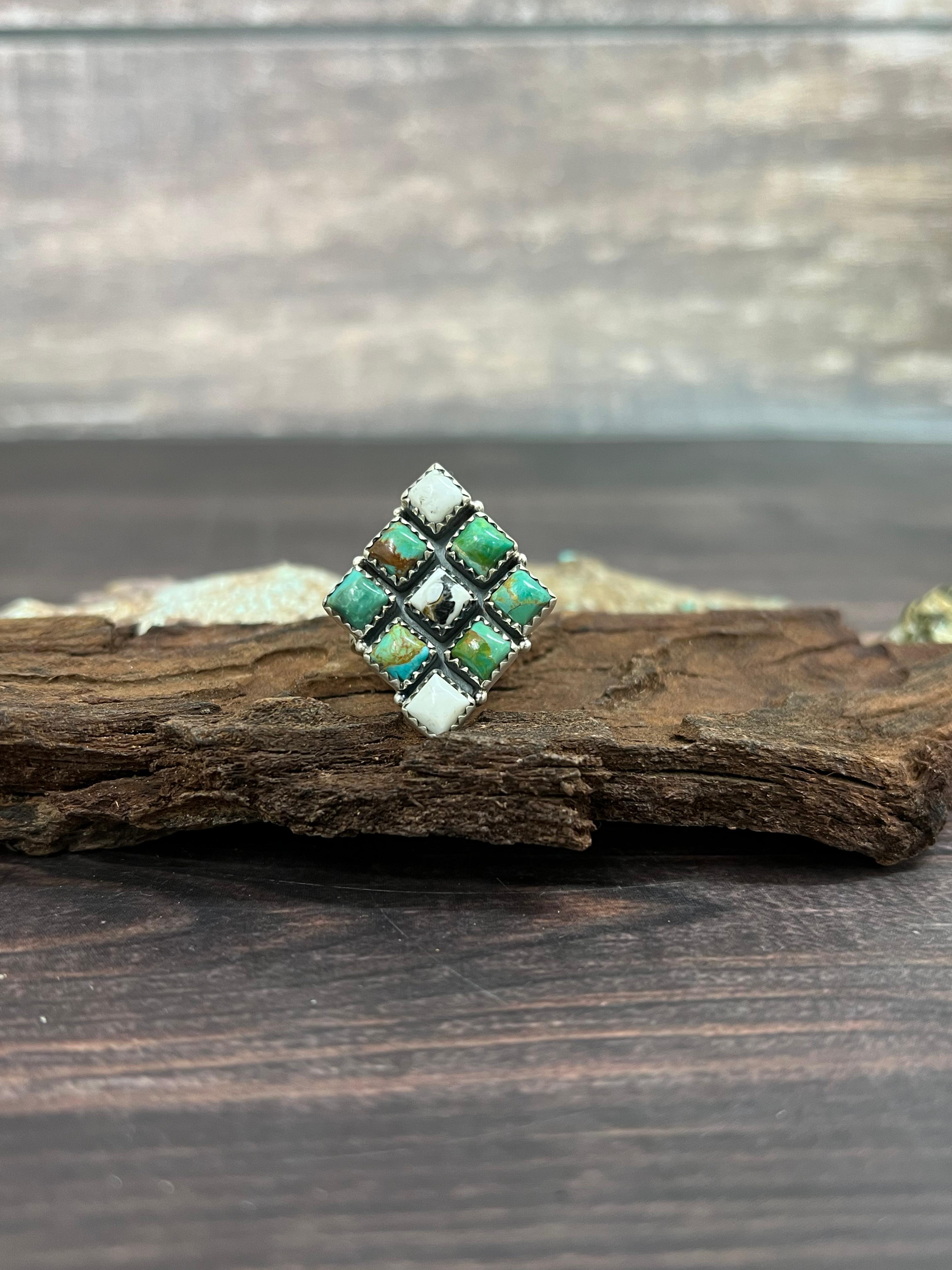 Handmade Sterling Silver Kingman with White Buffalo Turquoise Adjustable Ring with Signed Nizhoni