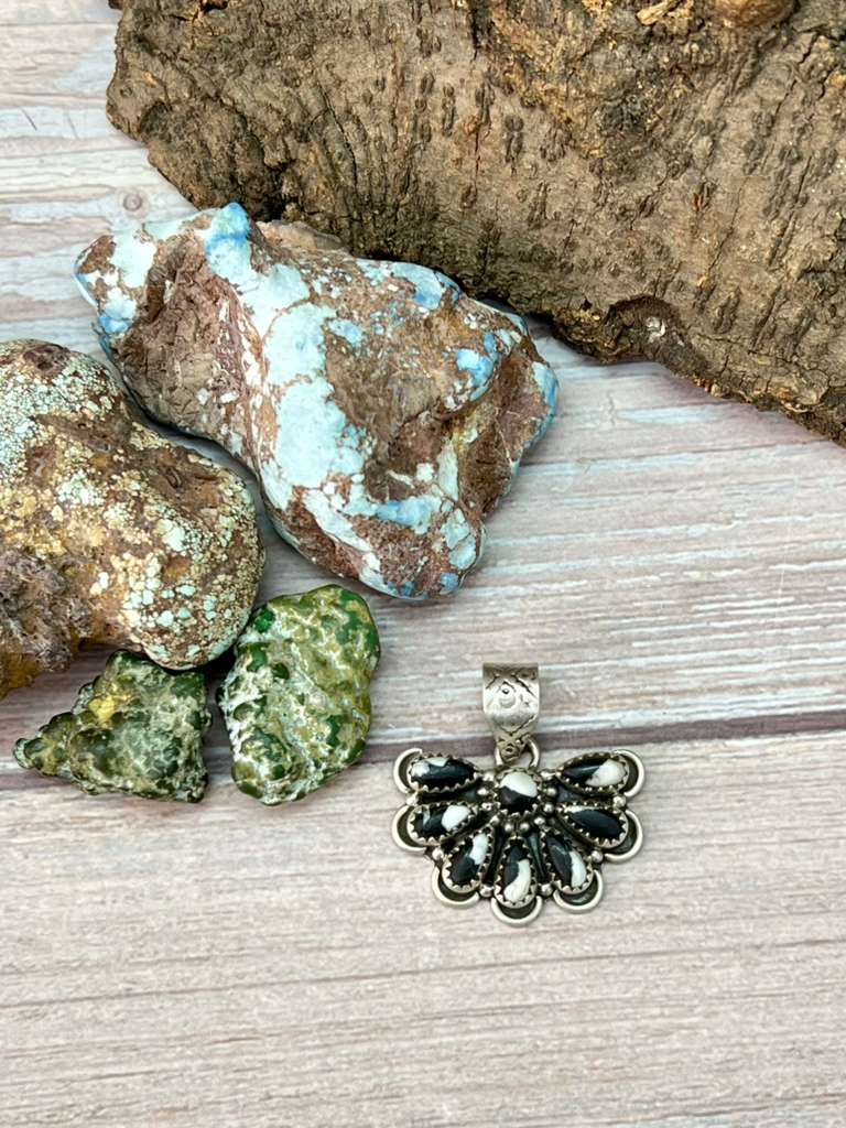 Handmade Sterling Silver White Buffalo Turquoise Pendant with Signed Nizhoni