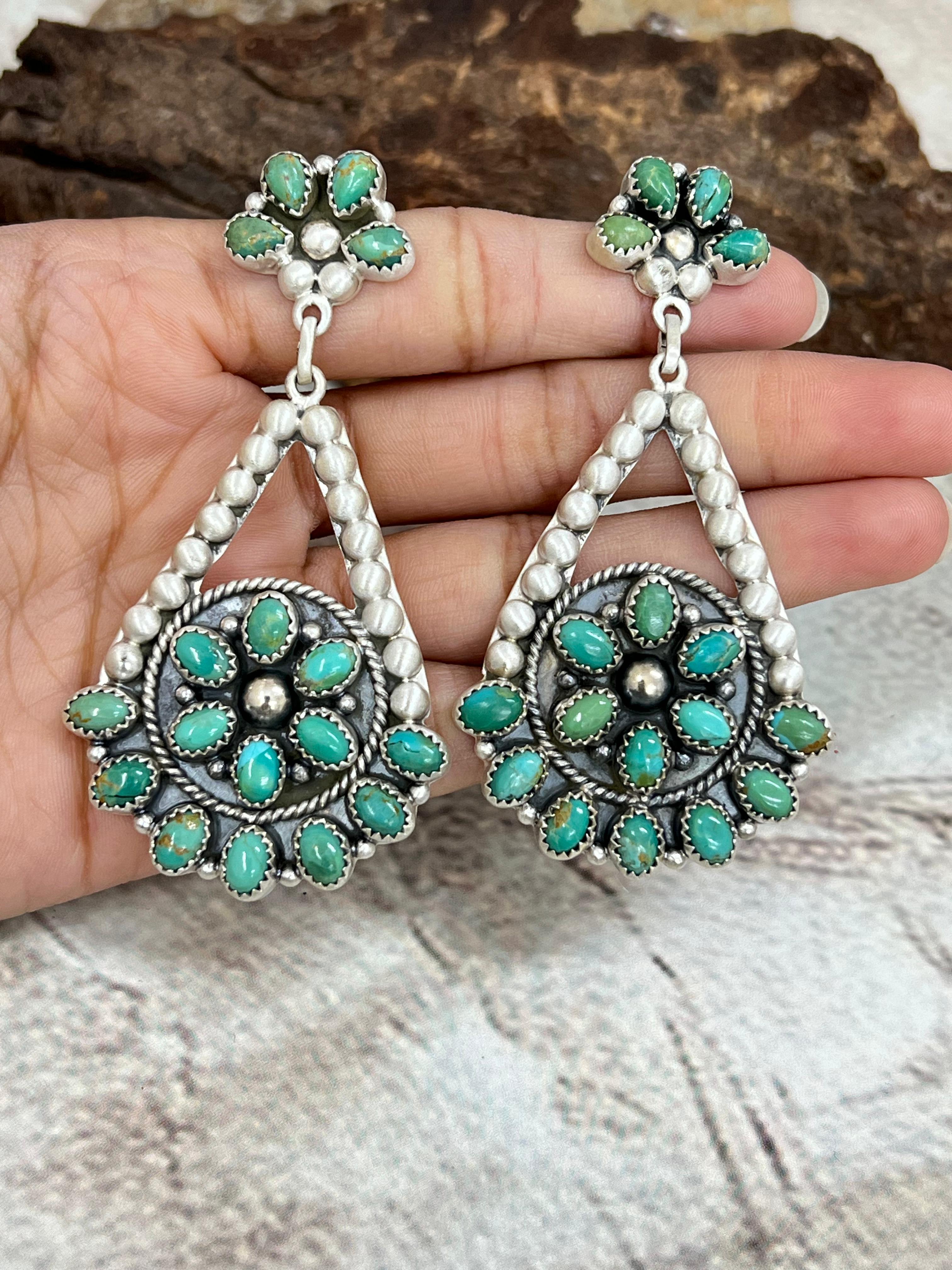 Handmade Sterling Silver Kingman Turquoise Post Dangle Earrings with Signed Nizhoni