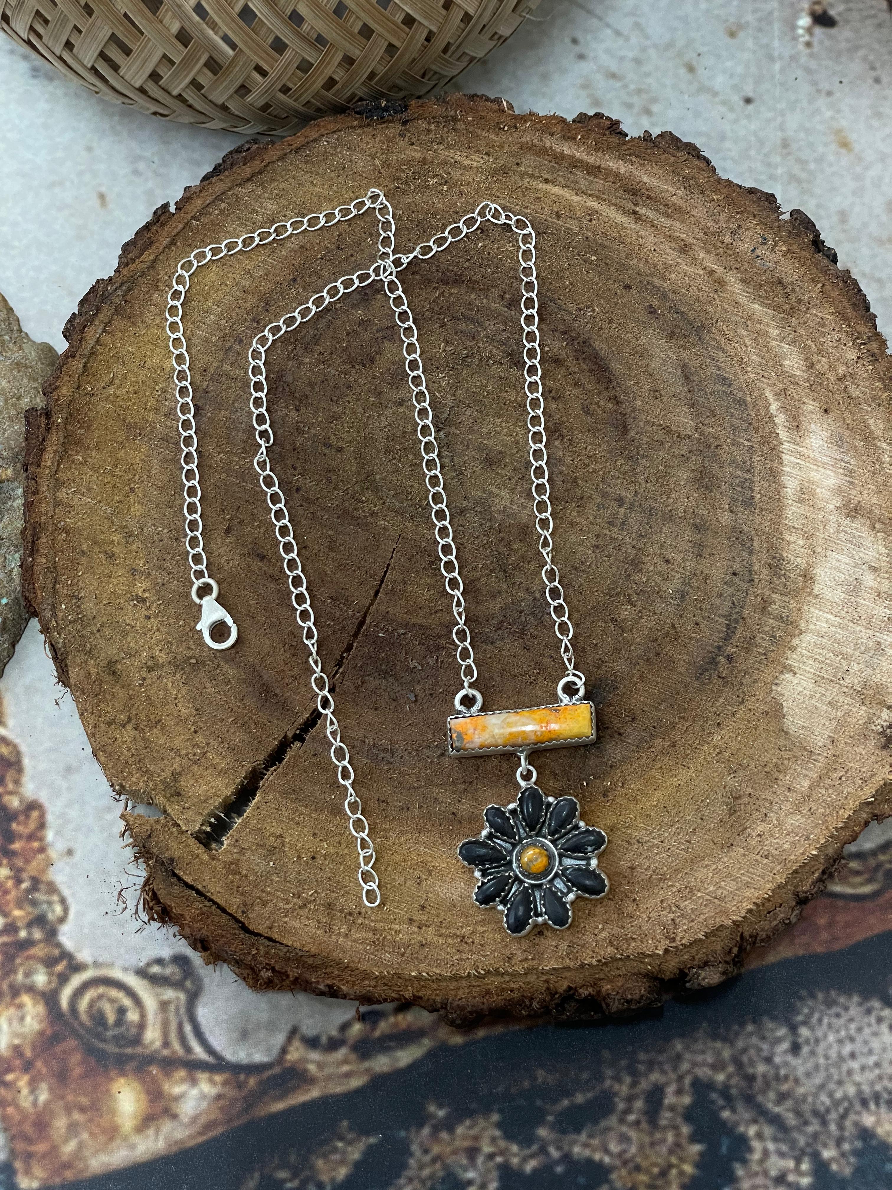 "Halloween Collection" Handmade Sterling Silver Black Onyx, Bumblebee Necklace with Signed Nizhoni