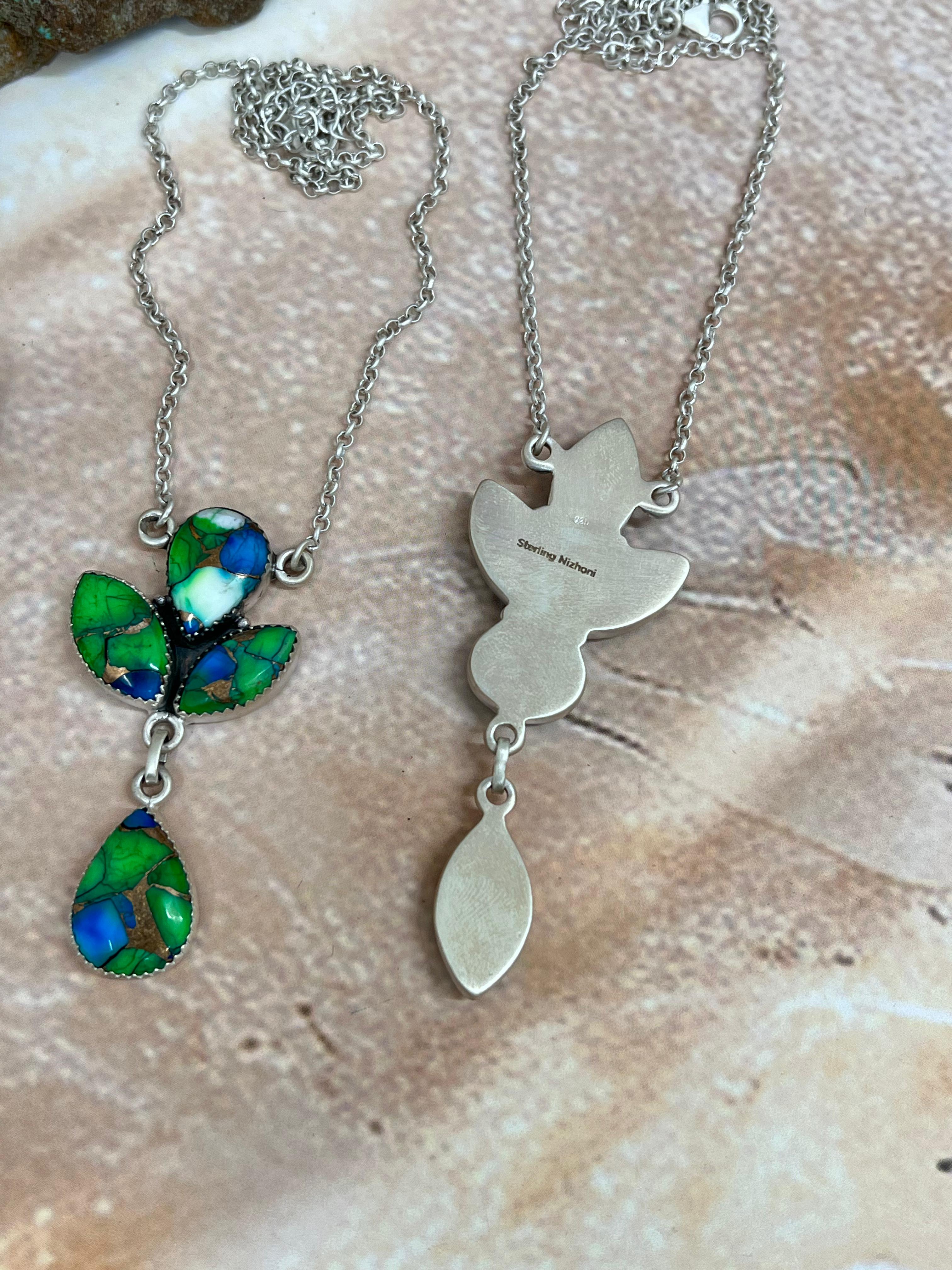 Handmade Sterling Silver Peacock Dahlia Necklace with Signed Nizhoni