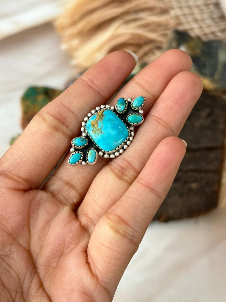 Handmade Sterling Silver Santa Maria with Kingman Turquoise Adjustable Ring "Signed Nizhoni"