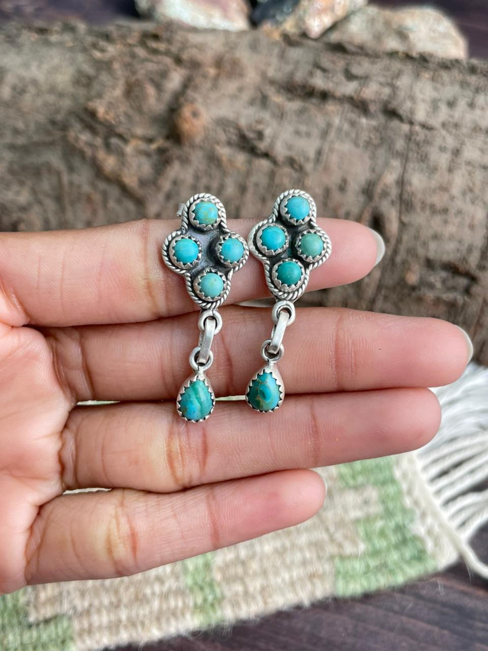 Handmade Sterling Silver Kingman Turquoise Post Dangle Earrings "Signed Nizhoni"