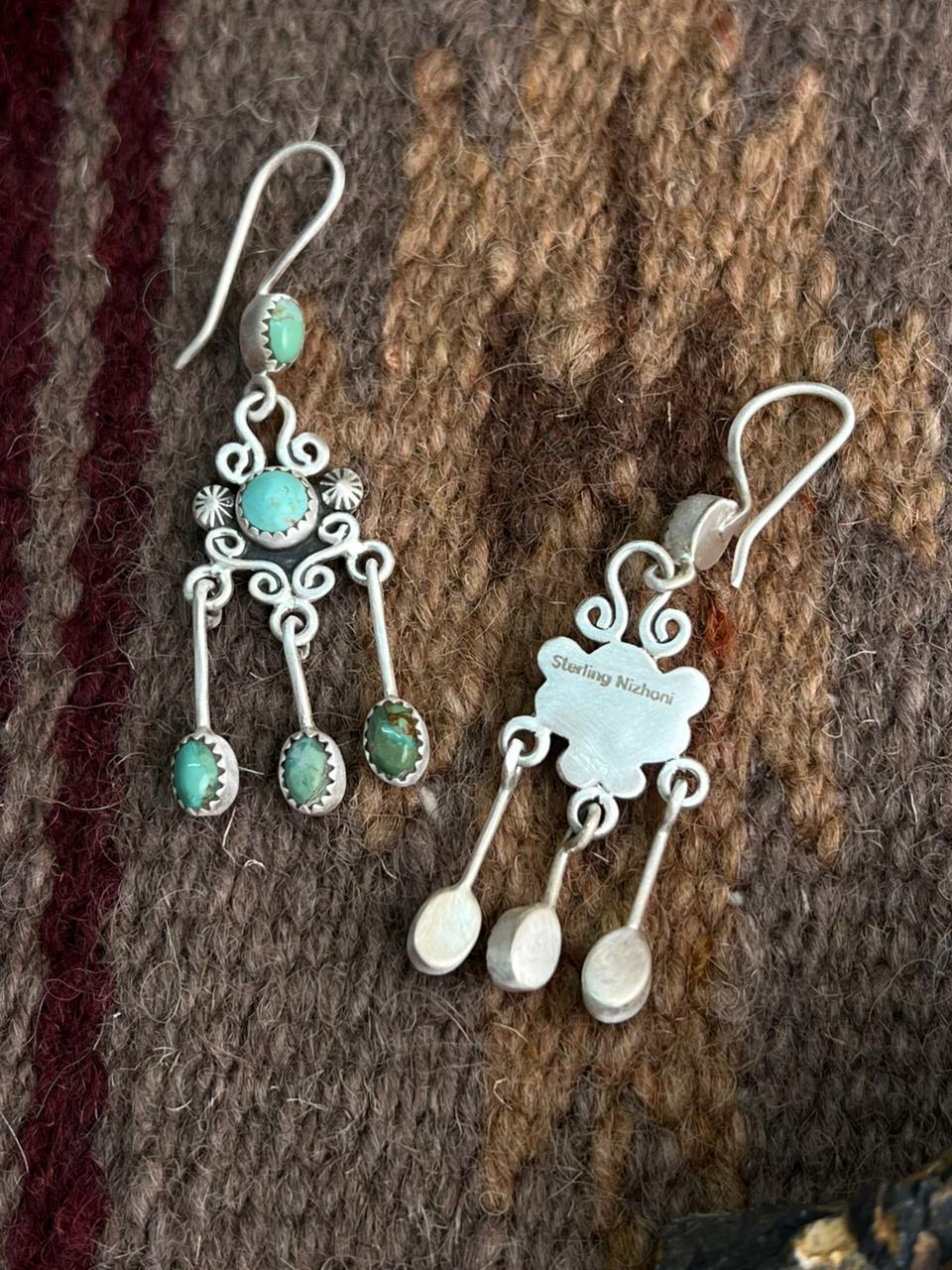 Handmade Sterling Silver Kingman Turquoise Hook Dangle Earrings "Signed Nizhoni"