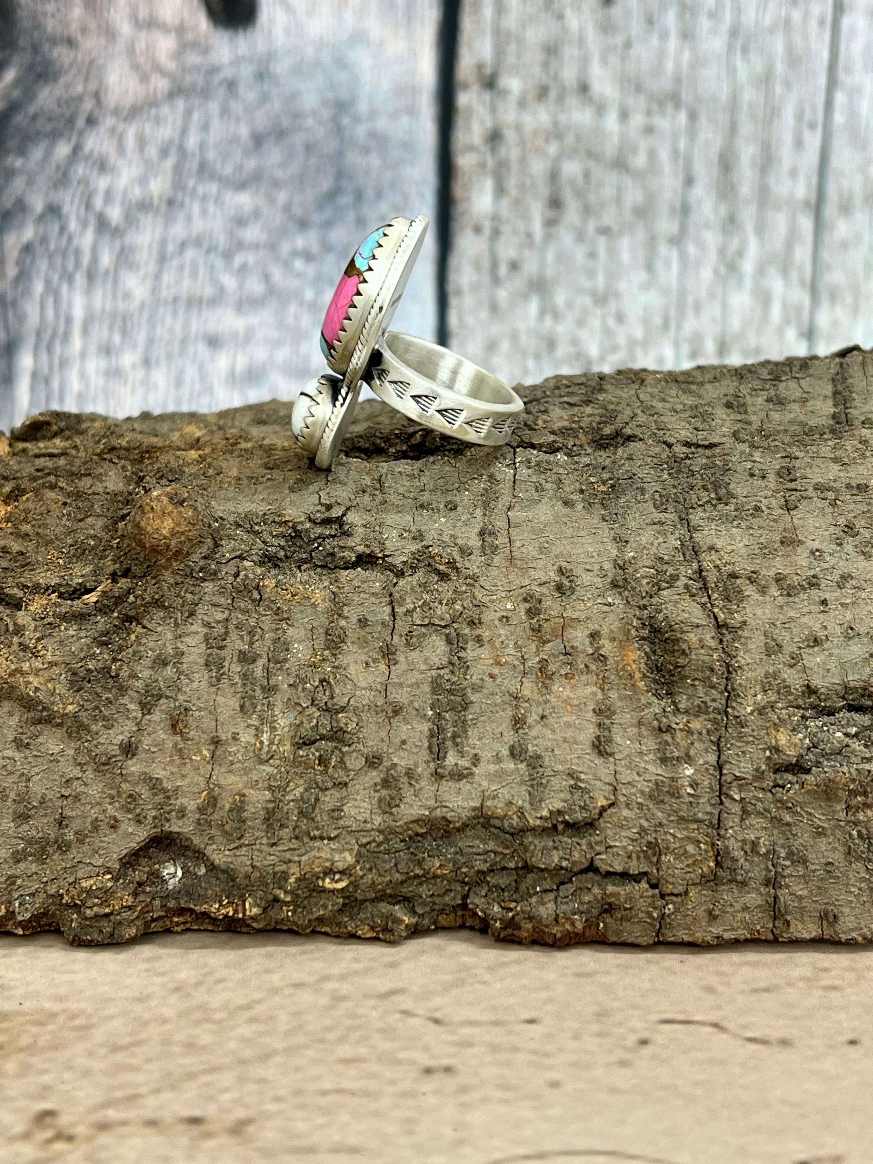 Handmade Sterling Silver Cotton Candy Turquoise Adjustable Rings with Signed Nizhoni