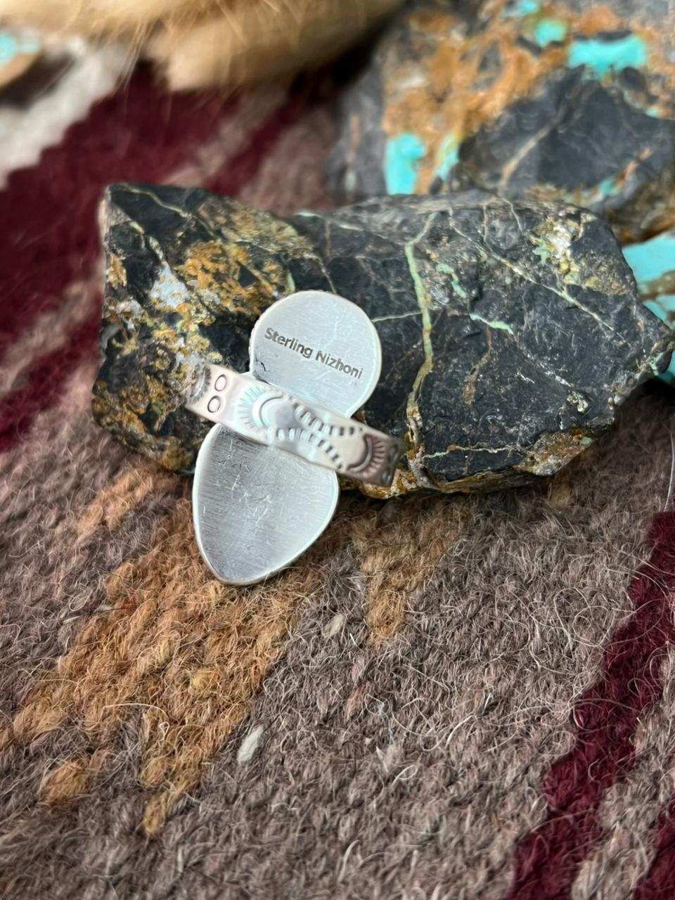 Handmade Sterling Silver Royston Ribbon Turquoise Adjusatble Ring "Signed Nizhoni"