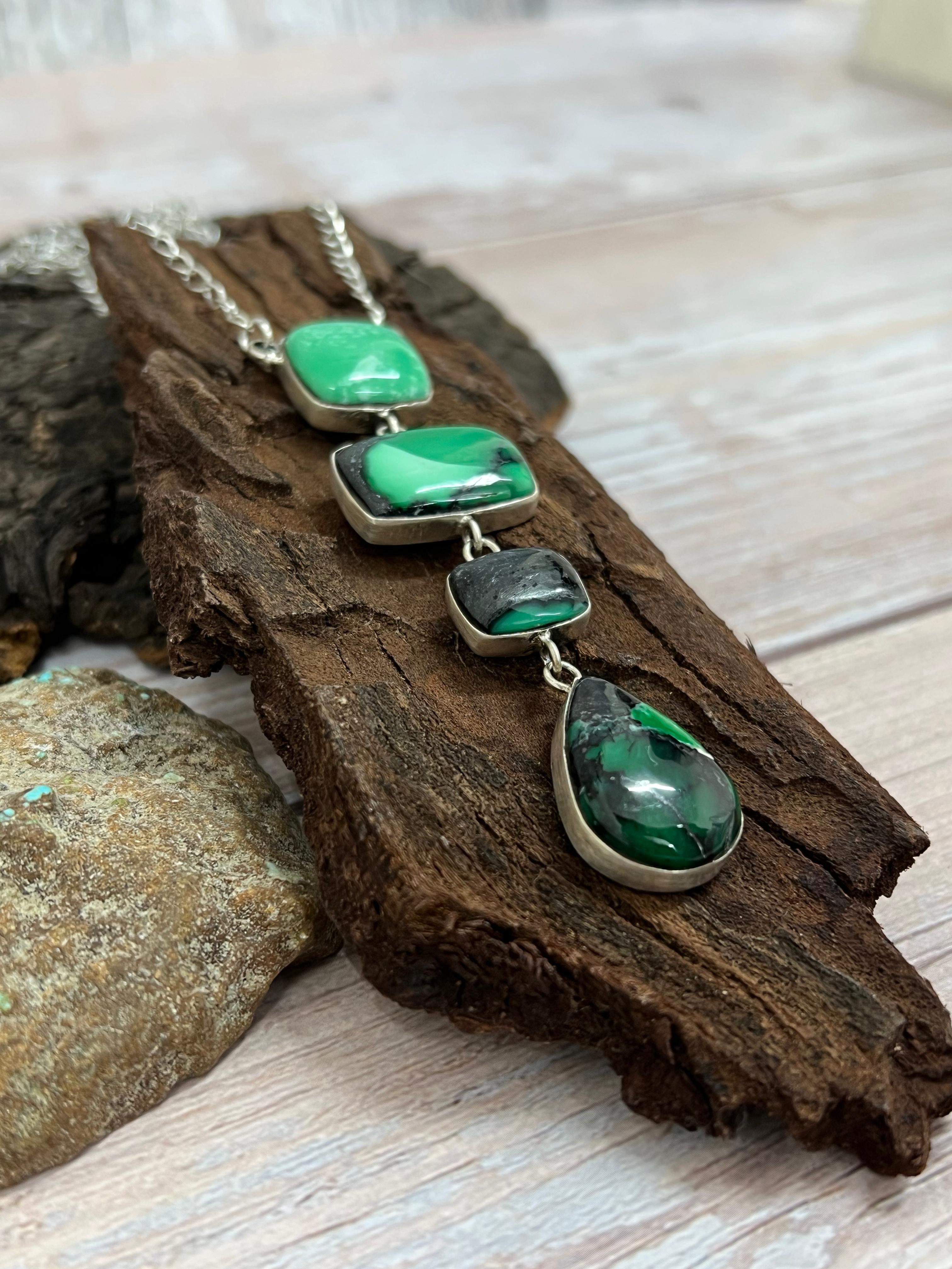 Handmade Sterling Silver Emerald Rose Necklace with Signed Nizhoni