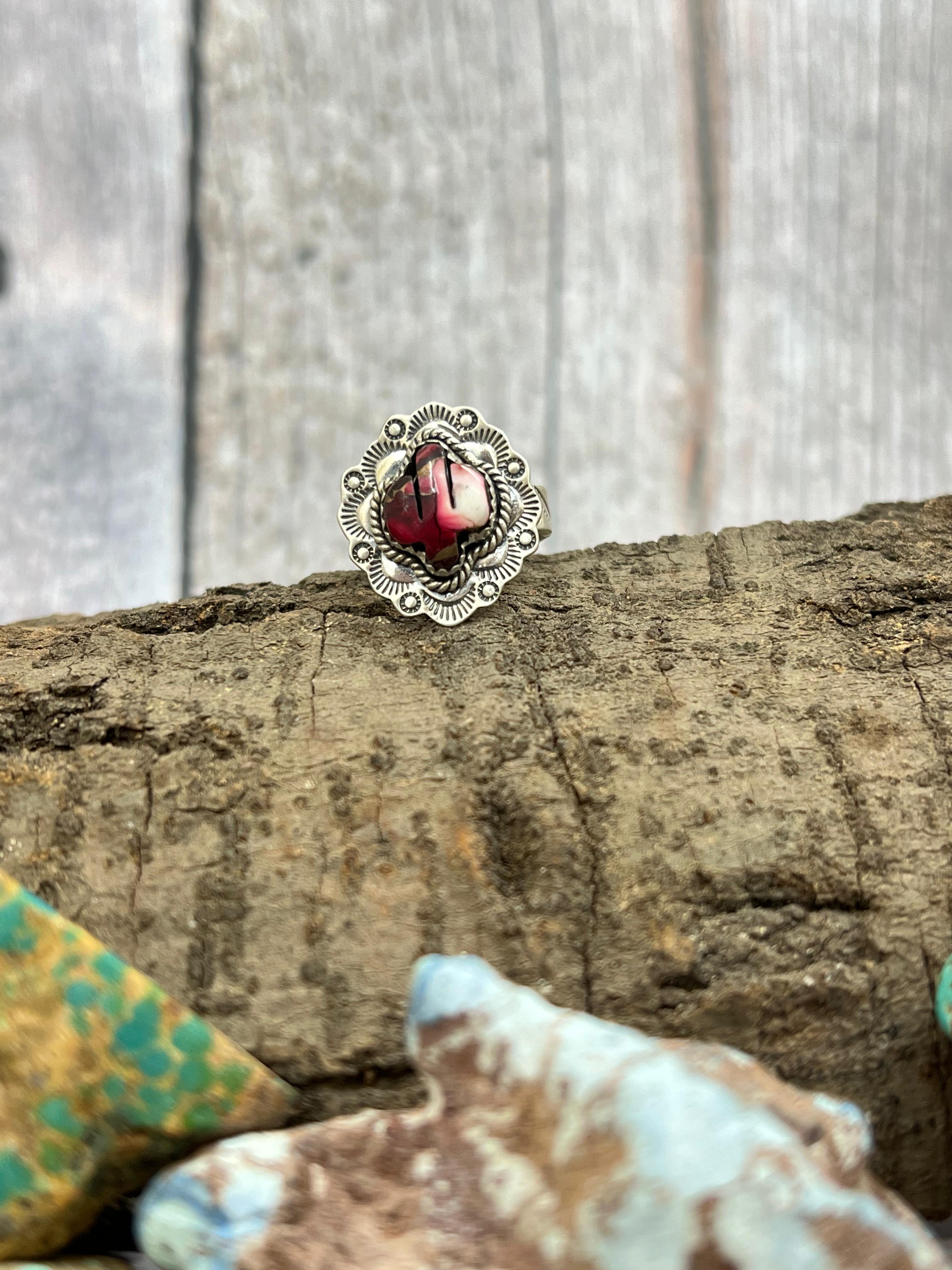 Handmade Sterling Silver Dahlia Rose Adjustable Saguaro Cactus Ring with Signed Nizhoni