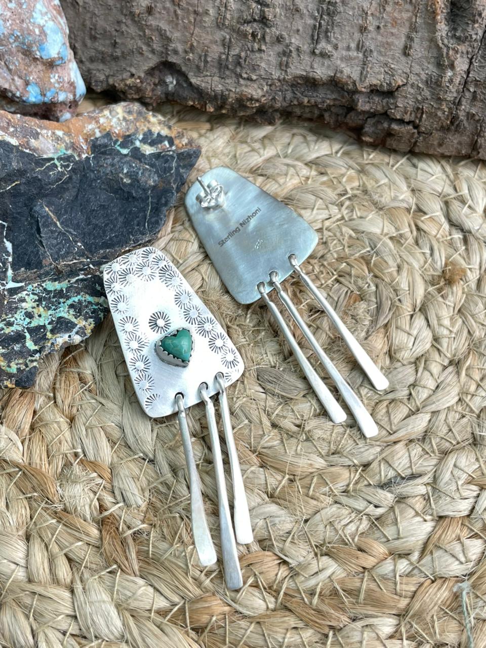 Handmade Sterling Silver Kingman Turquoise Hook Dangle Earrings "Signed Nizhoni"