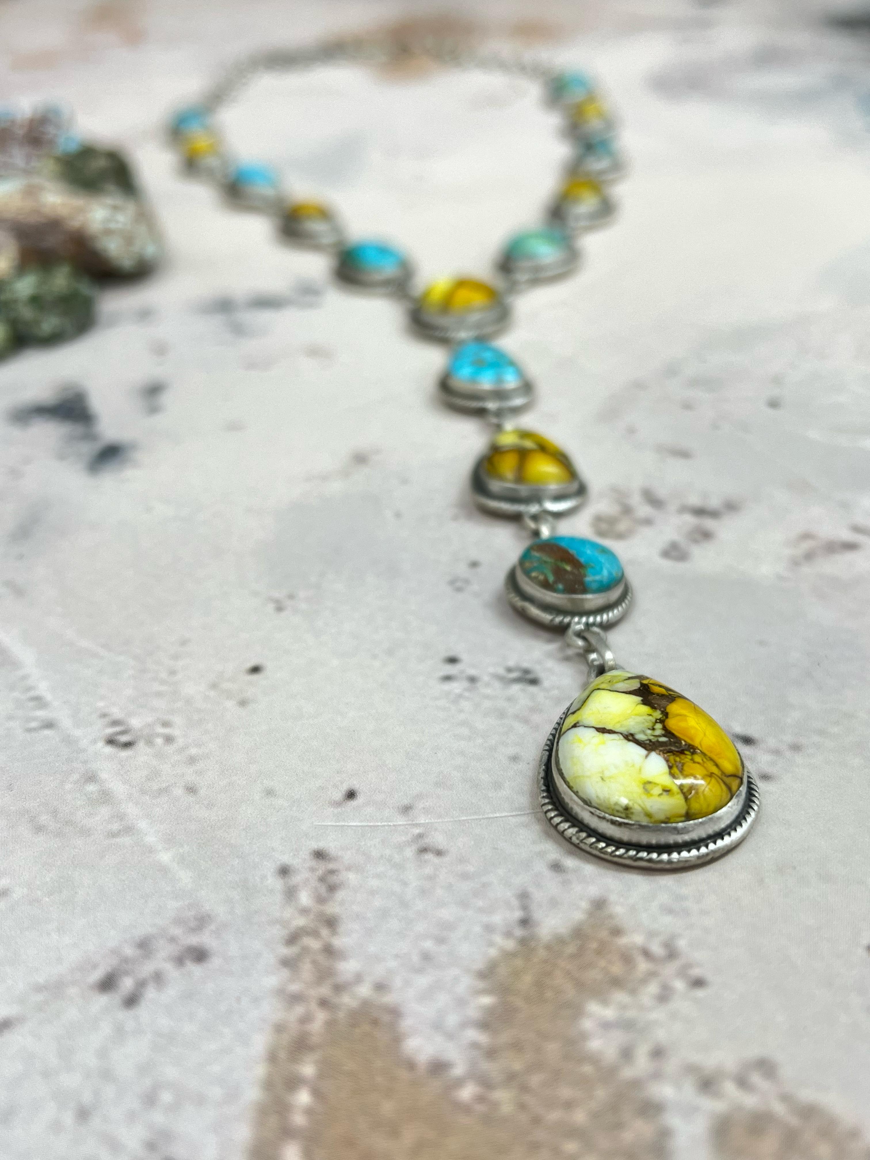 Handmade Sterling Silver Honey Dahlia with South Hill Turquoise Necklace, Signed Nizhoni