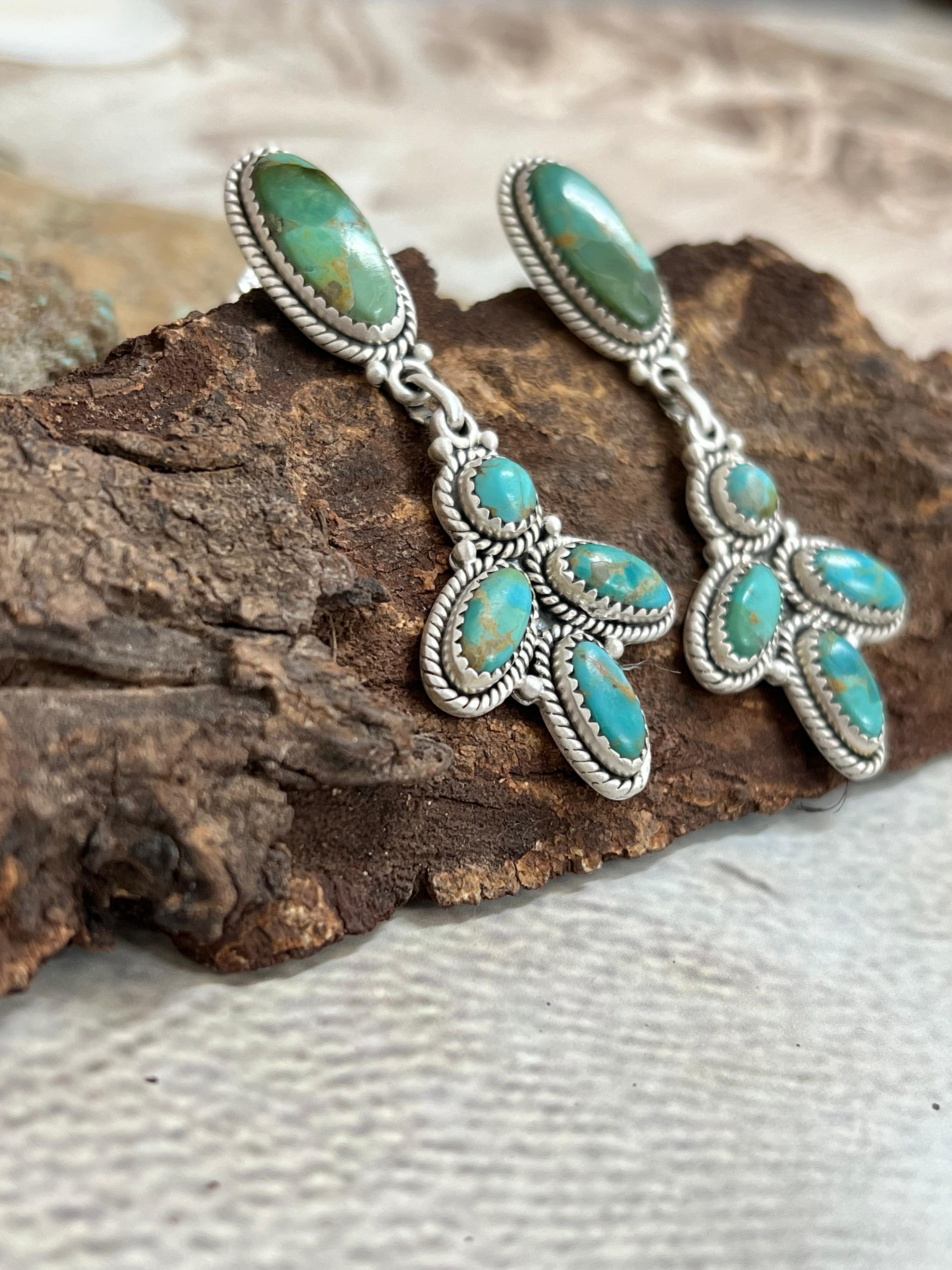 Handmade Sterling Silver Kingman Turquoise Post Dangle Earrings with Signed Nizhoni