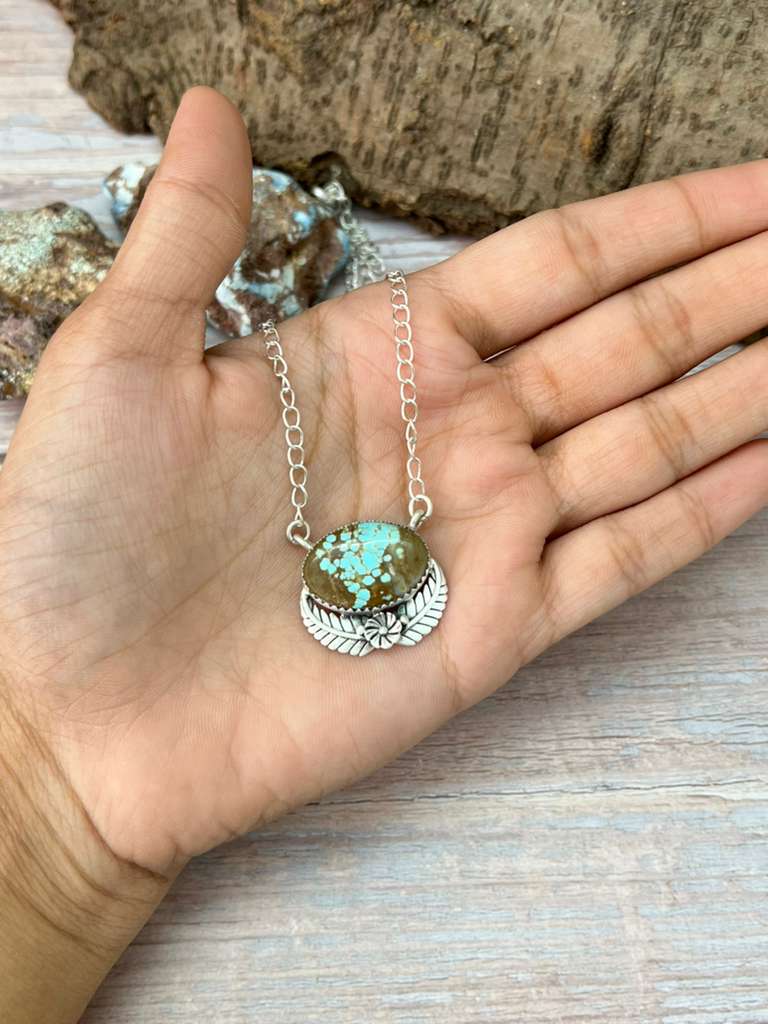 Handmade Sterling Silver Number 8 Turquoise Necklace with Signed Nizhoni