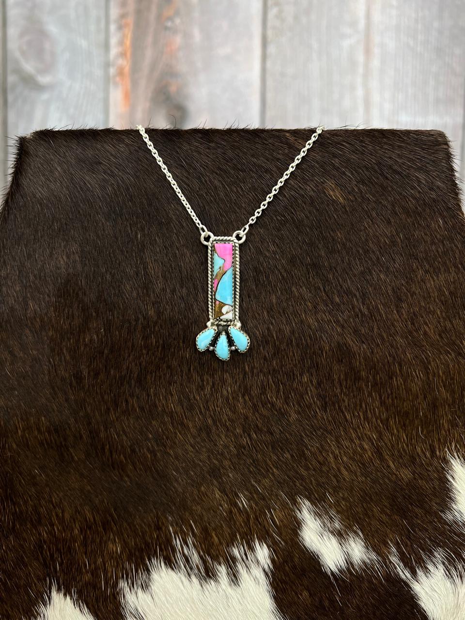 Handmade Sterling Silver Cotton Candy Turquoise Necklace with Signed Nizhoni