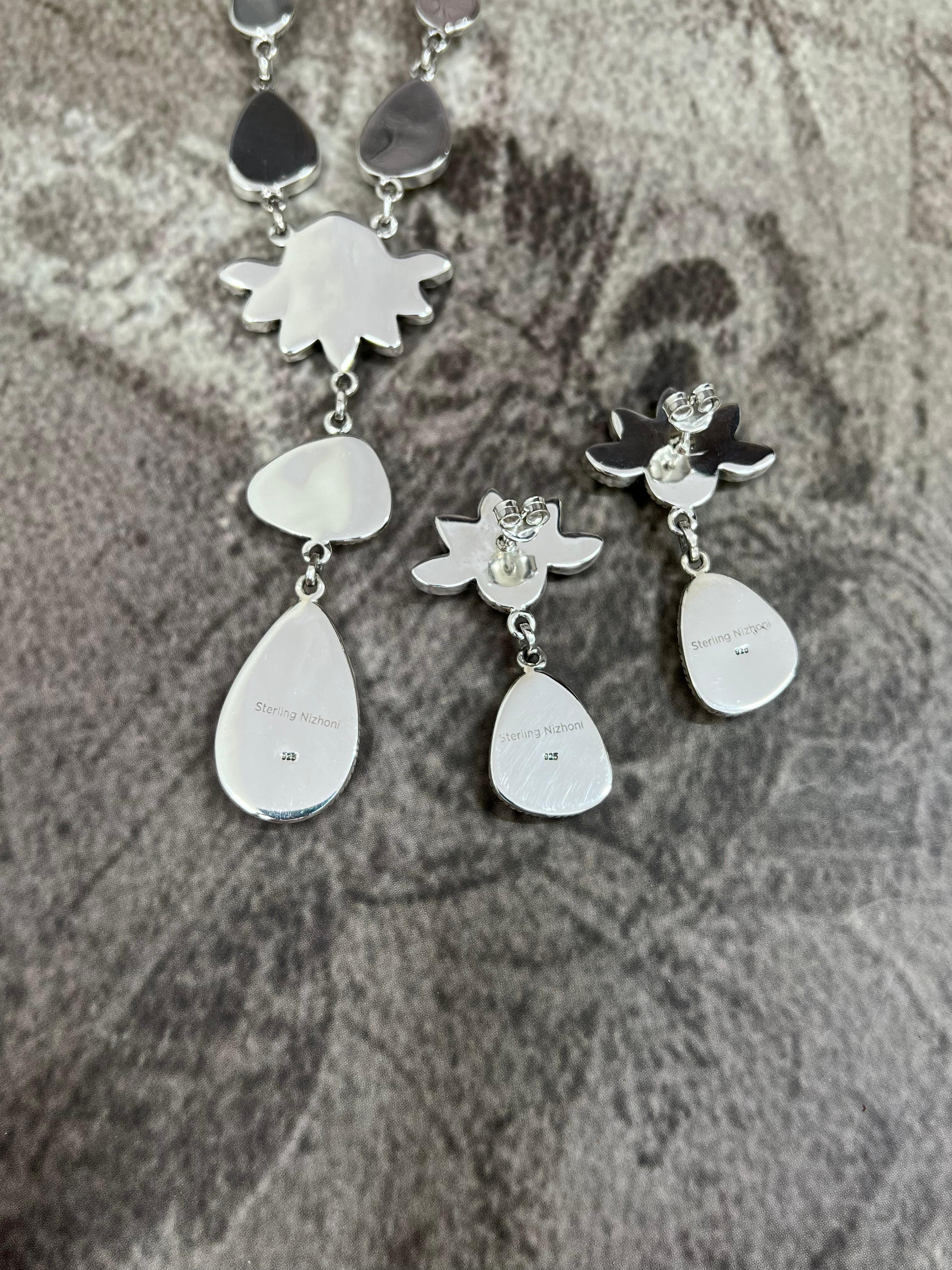 Handmade Sterling Silver Honey Dahlia with Kingman Turquoise Necklace Earrings Set, Signed Nizhoni