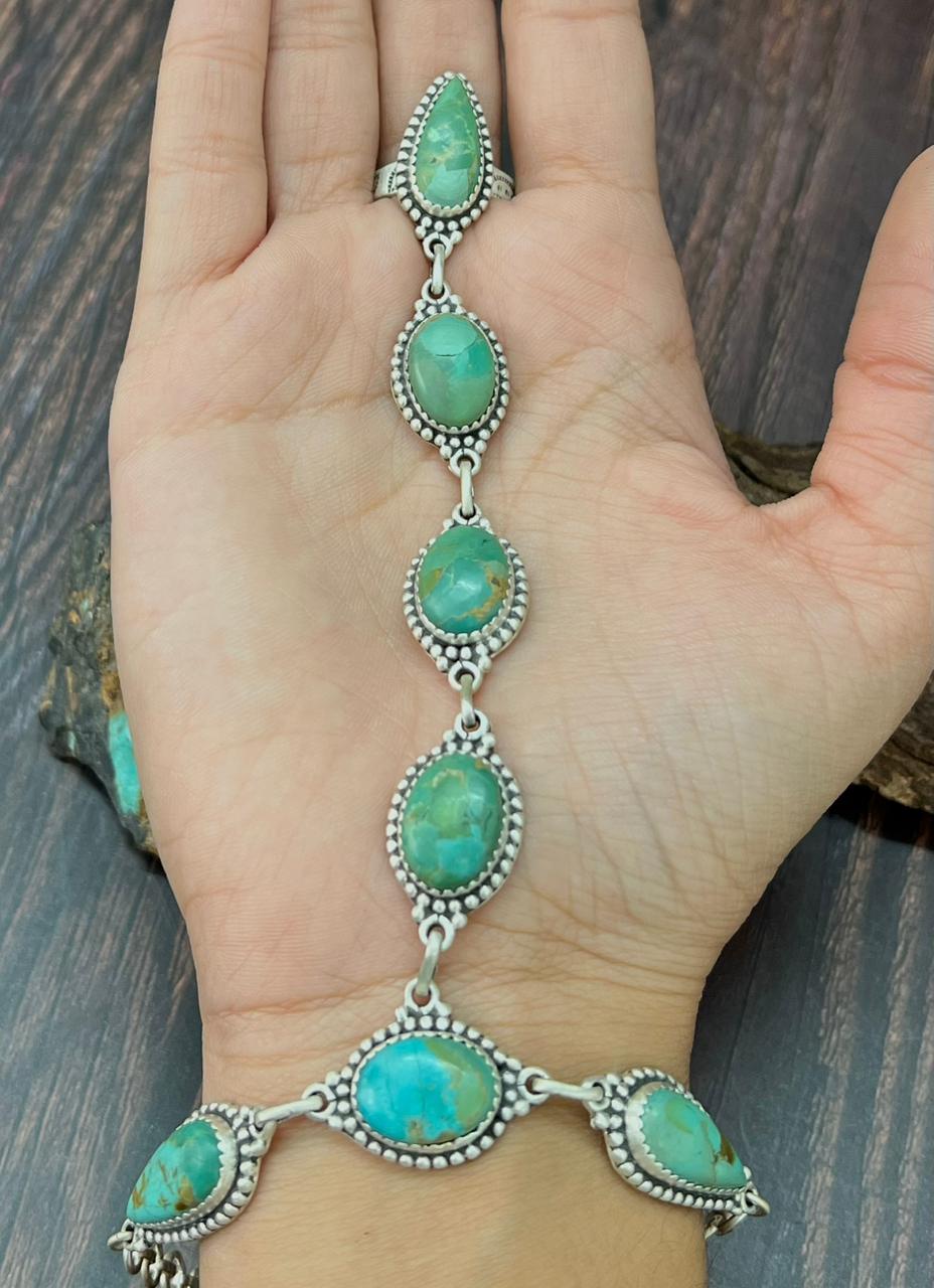 Handmade Sterling Silver Kingman Turquoise Hand Harness "Signed Nizhoni"