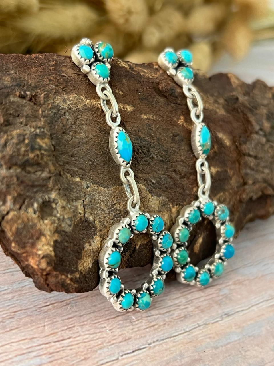Handmade Sterling Silver Kingman Turquoise Post Dangle Earrings "Signed Nizhoni"