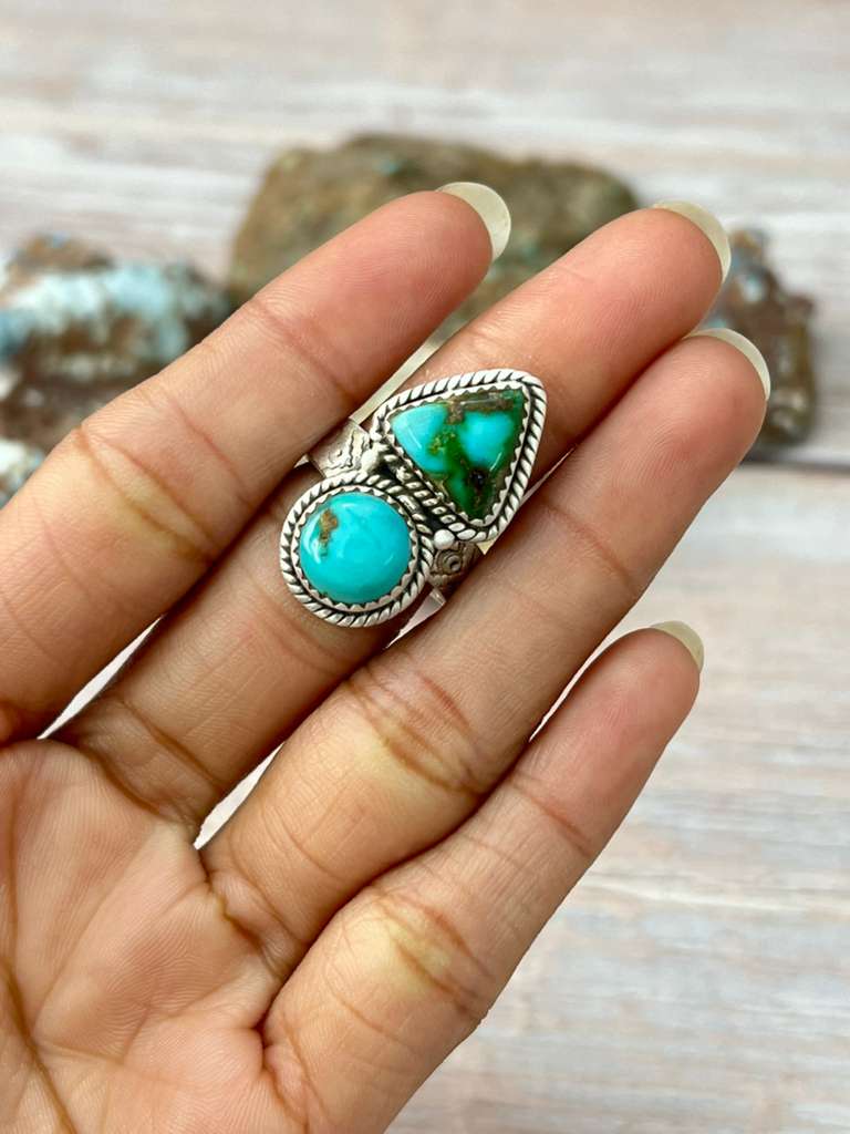 Handmade Sterling Silver Kingman Turquoise Adjustable Ring "Signed Nizhoni"