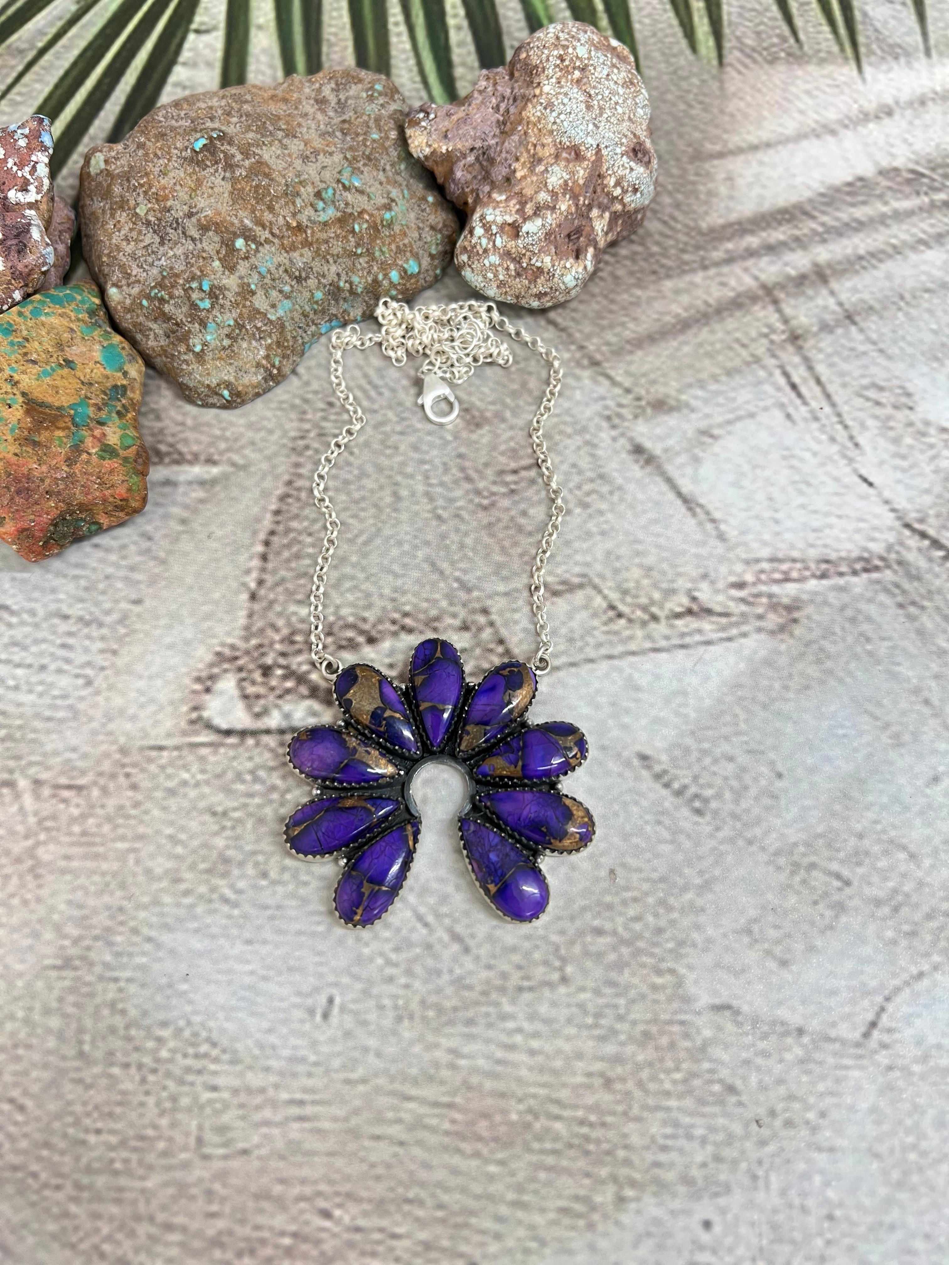 Handmade Sterling Silver Grape Dahlia Naja Necklace with Signed Nizhoni