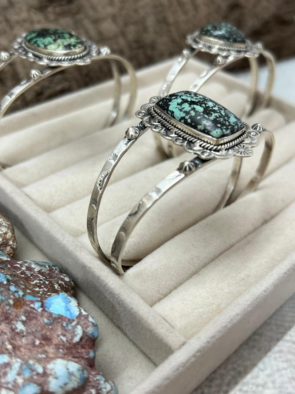 Handmade Sterling Silver Lander Turquoise Cuff Bracelet with Signed Nizhoni