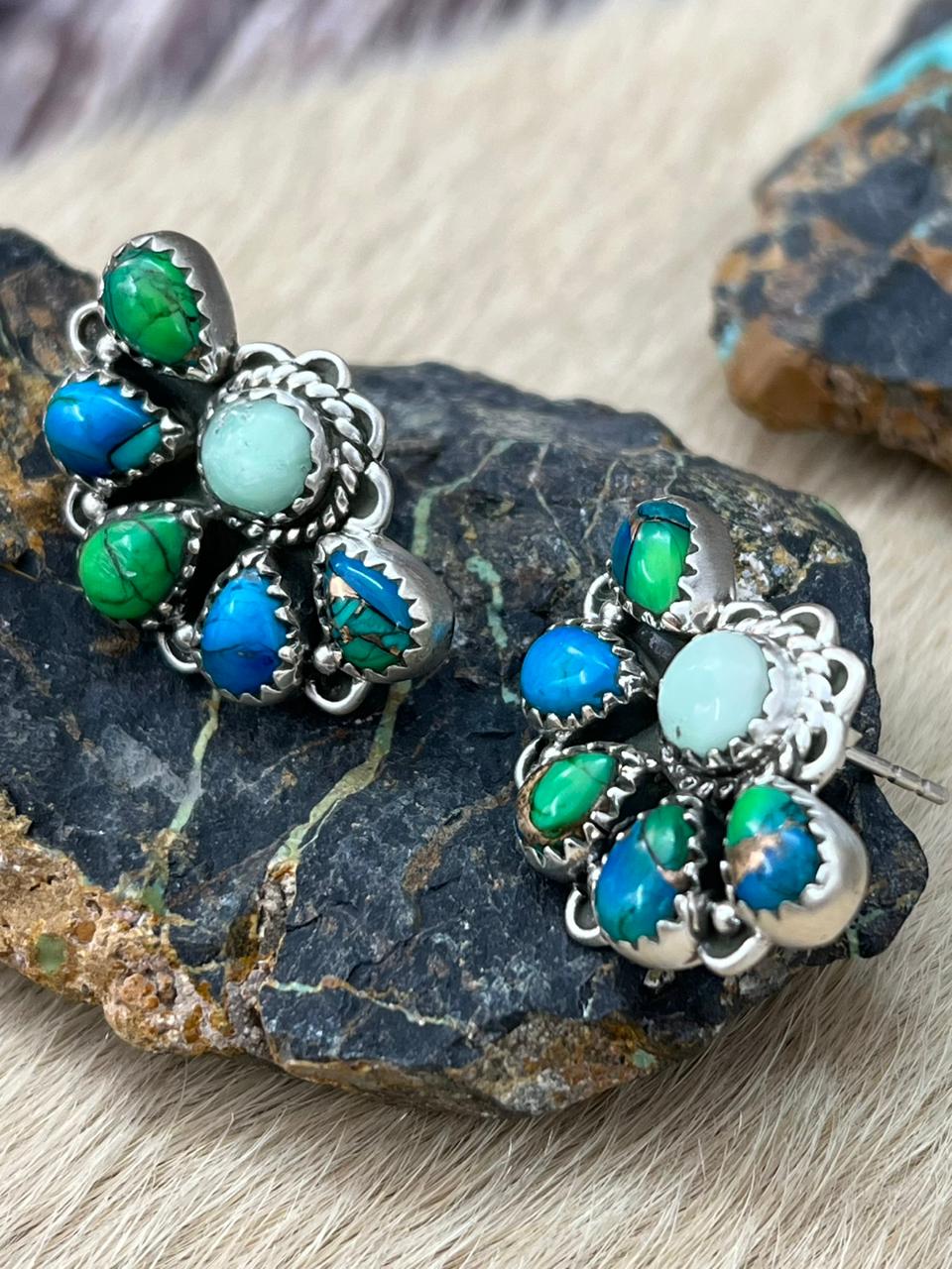 Handmade Sterling Silver Peacock Dahlia with Palomino Post Studs Earrings "Signed Nizhoni"