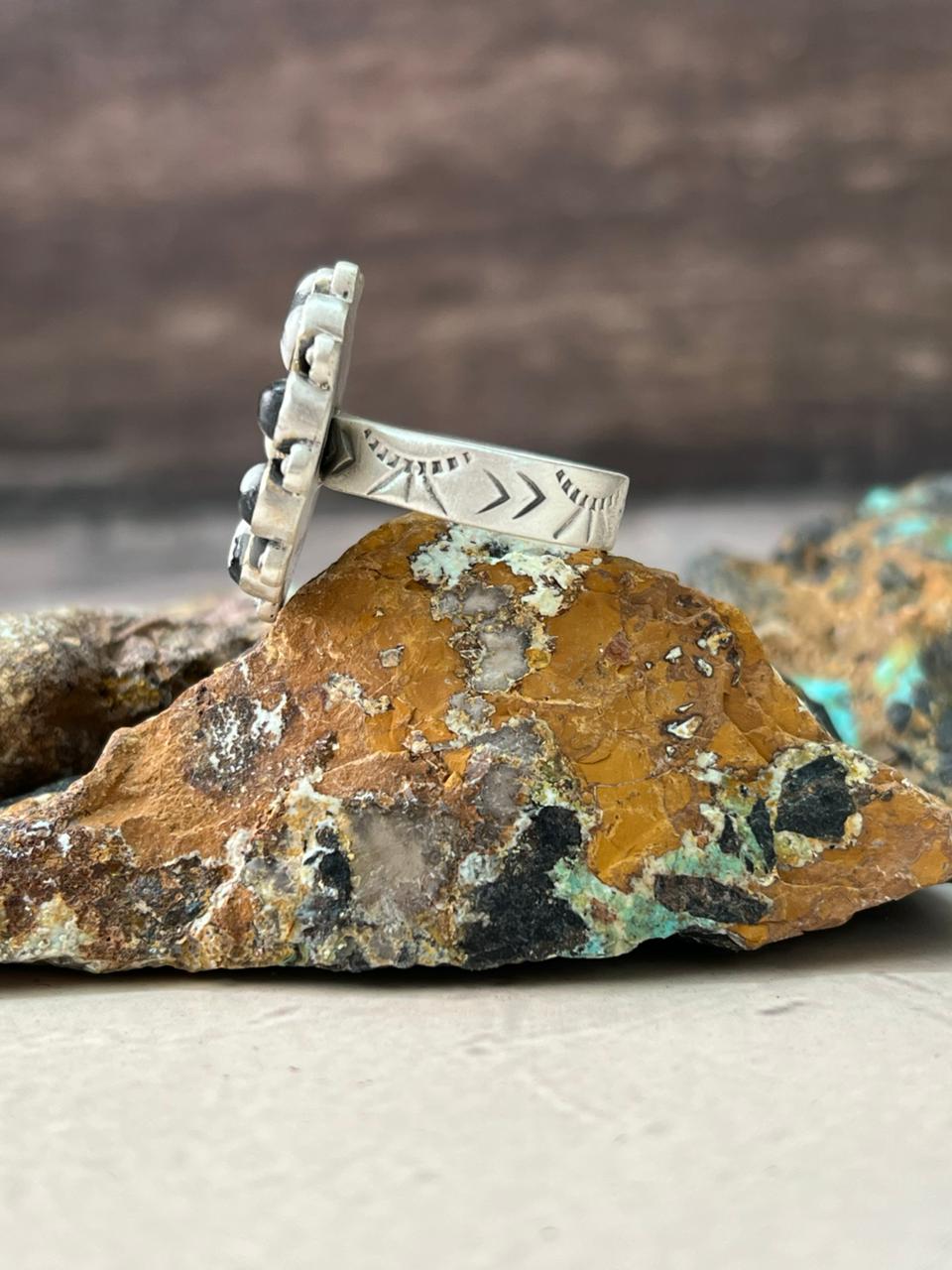 Handmade Sterling Silver White Buffalo Turquoise Adjustable Ring "Signed Nizhoni"