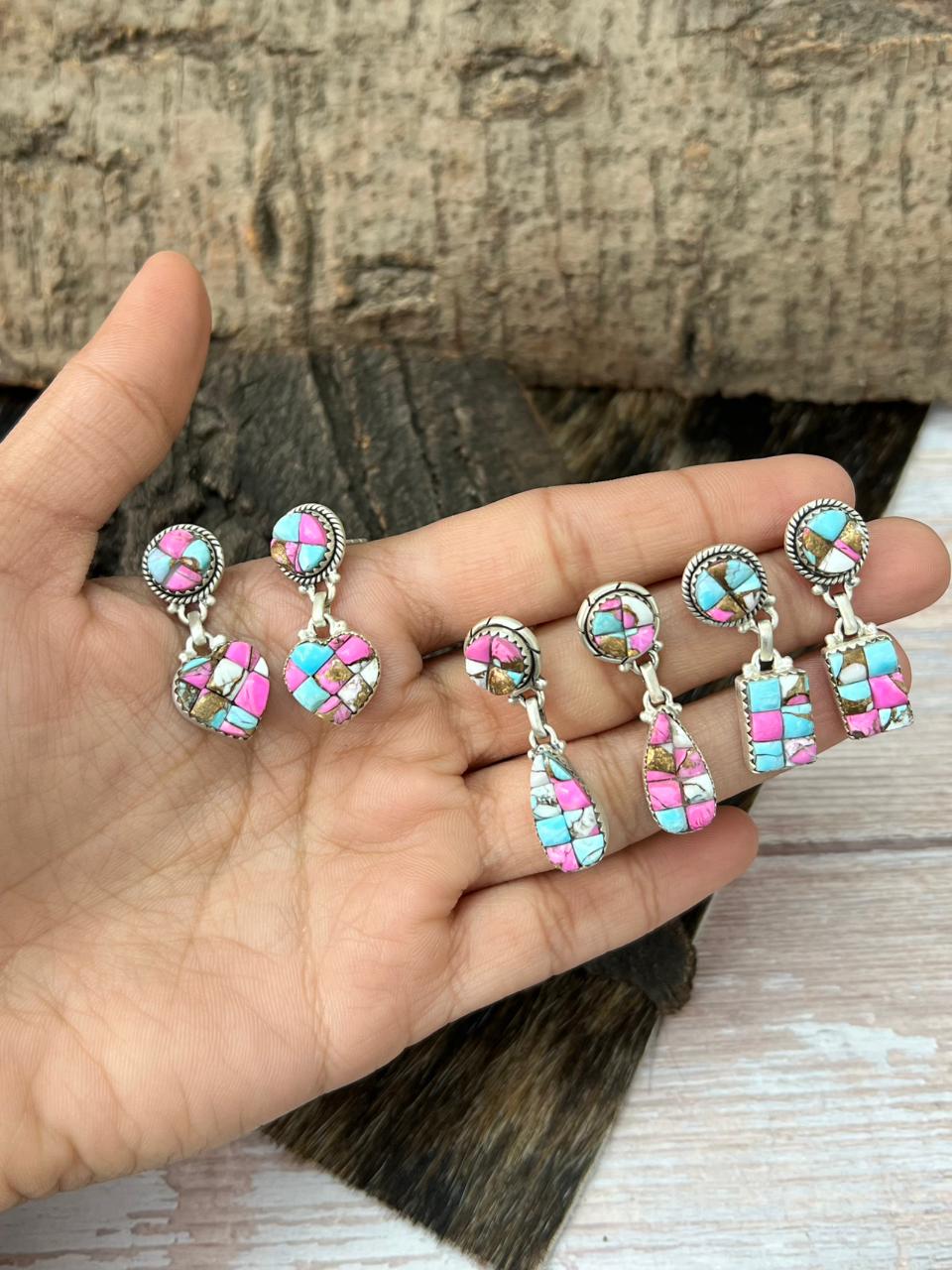 Handmade Sterling Silver Cotton Candy Post Dangle Earrings "Signed Nizhoni"