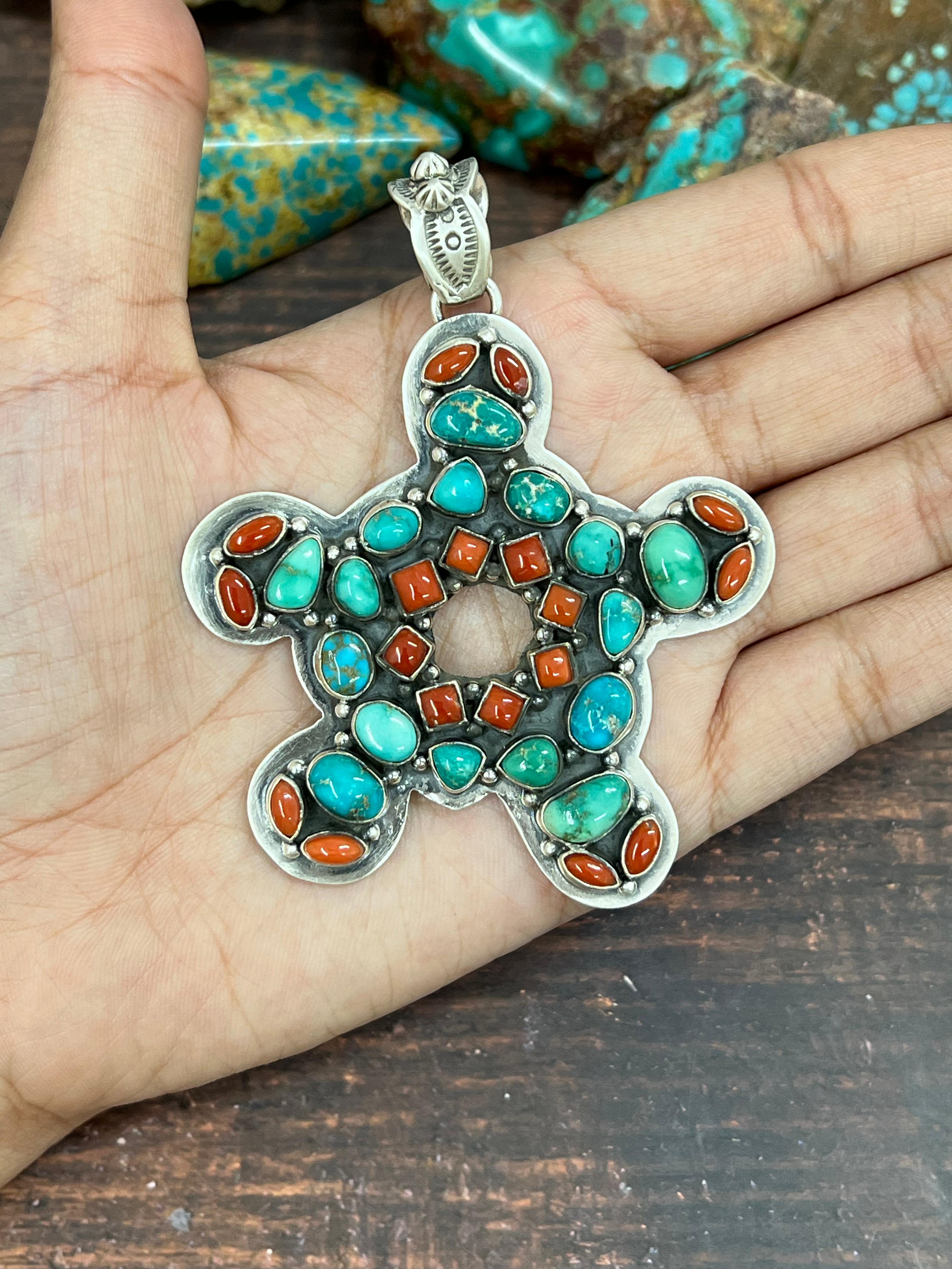 Handmade Sterling Silver Coral with Emerald Valley Pendant, Signed Nizhoni