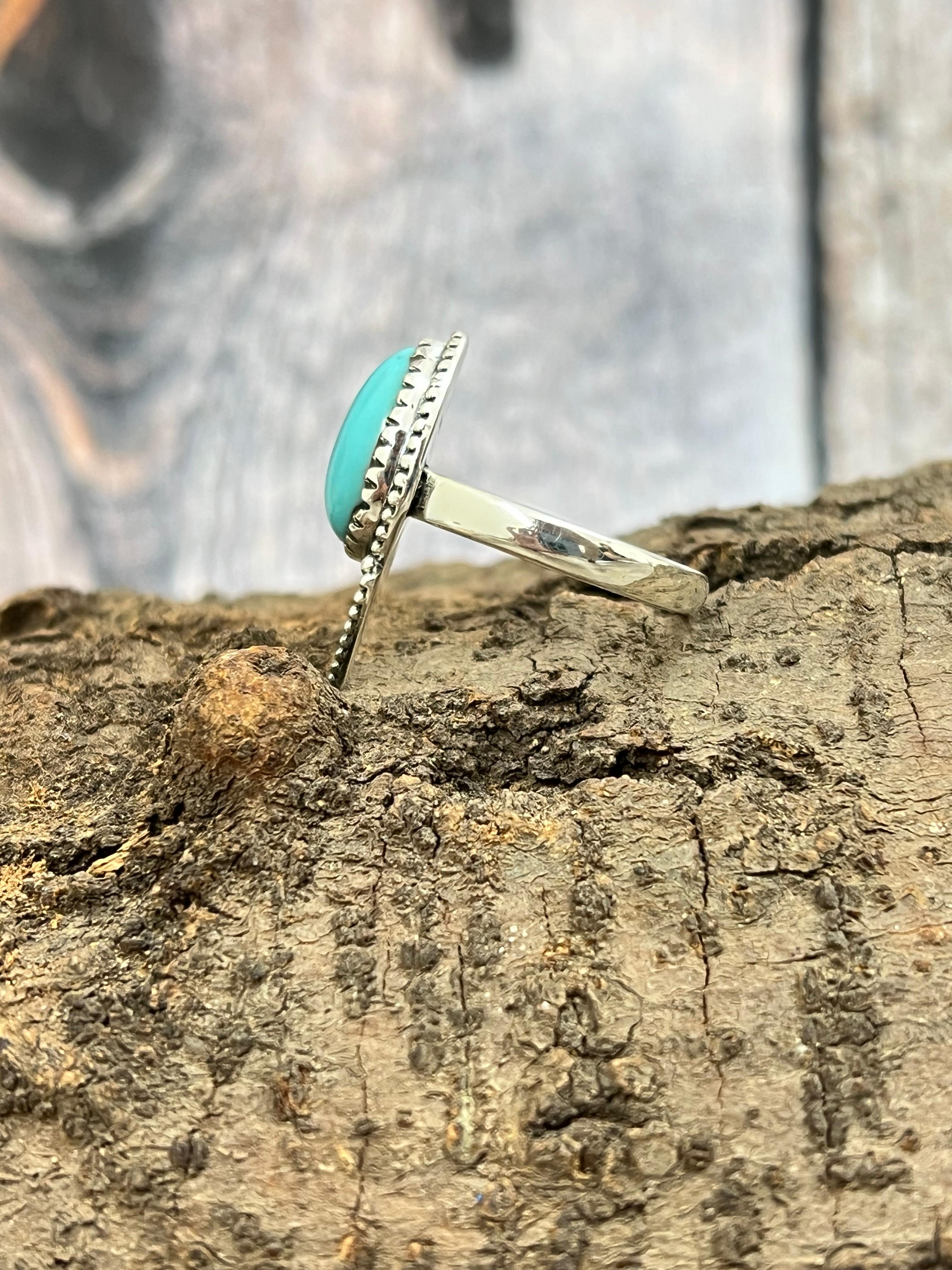 Handmade Sterling Silver Kingman Turquoise Ring with Signed Nizhoni Size 8.5