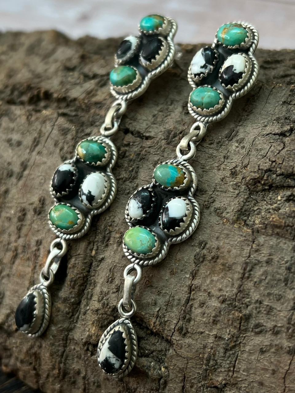 Handmade Sterling Silver Kingman Turquoise with White Buffalo Post Dangle Earrings "Signed Nizhoni"