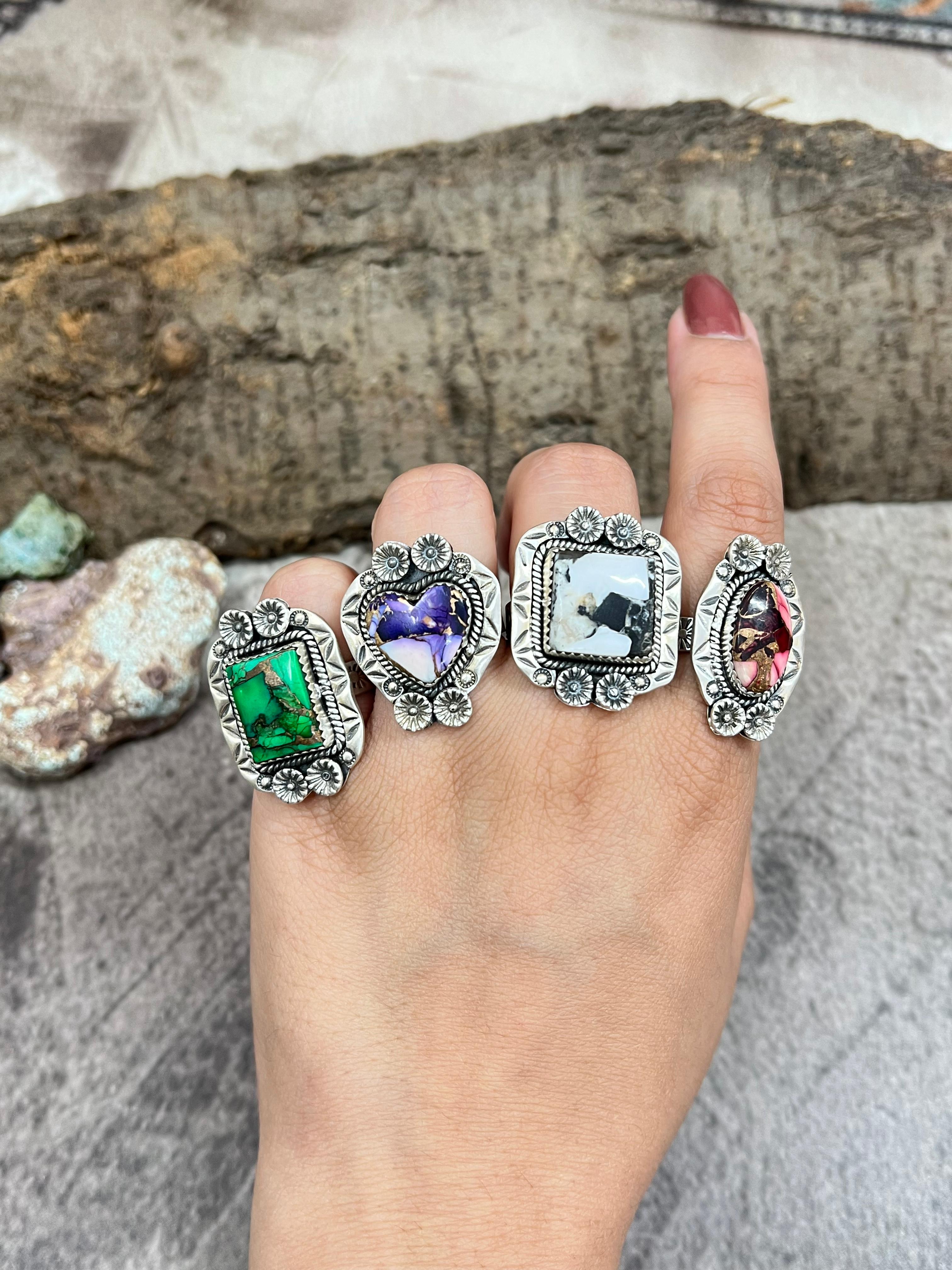 Handmade Sterling Silver Multi Stones Adjustable Ring with Signed Nizhoni
